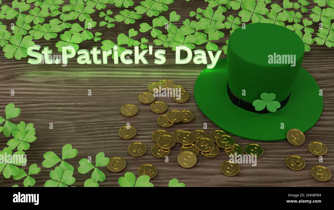 Happy Saint Patrick’s Day mit Kobold Hut und Goldmünze, beleuchten Text mit grünen frischen Kleeblättern und Holzbrett Hintergrund 3D Rendering i Stockfoto