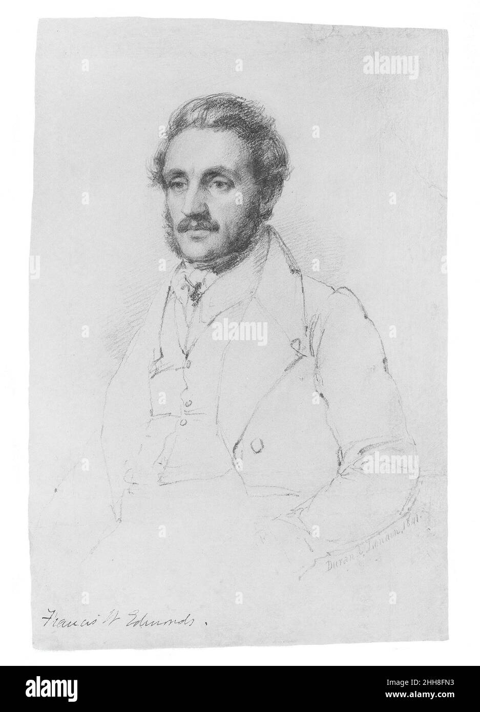 Francis William Edmonds 1841 Asher Brown Durand American Edmonds, ein prominenter Geschäftsmann, führender Teilnehmer an den kulturellen Institutionen von New York, Amateurmaler und National Academician reiste 1841 nach Europa und kam zu Durand in Rom. Obwohl diese Zeichnung dem Ölporträt der Künstlerin von Edmonds, das sie zuvor auf ihrer Europatour gemalt hatte, recht ähnlich ist, wirkt der Sitter hier eher introspektiv. Edmonds innerer Ausdruck wird durch den Kontrast zwischen Durands fein nuancierter Darstellung der schweren Gesichtszüge des Sitters und seiner zusammenfassenden Darstellung des restlichen Figurenausdrucks unterstrichen. Stockfoto