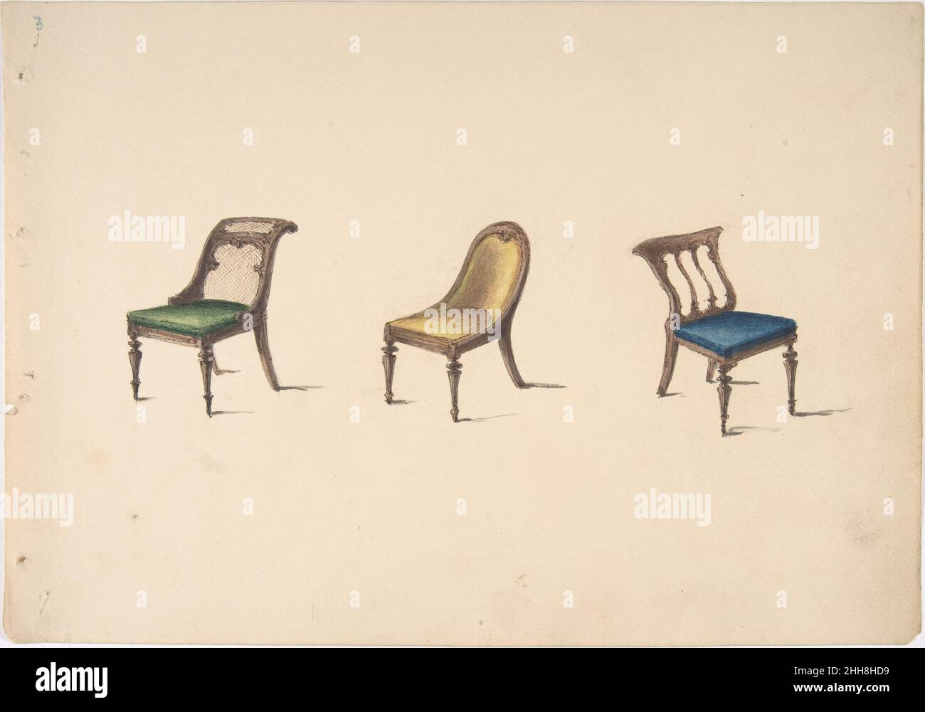 Design für drei Stühle mit schrägen Rücken, grün, gelb und blau Polsterung Anfang 19th Jahrhundert Anonym, britisch, 19th Jahrhundert britisch. Design für drei Stühle mit schrägen Rückseiten, grün, gelb und blau Polsterung 386820 Stockfoto