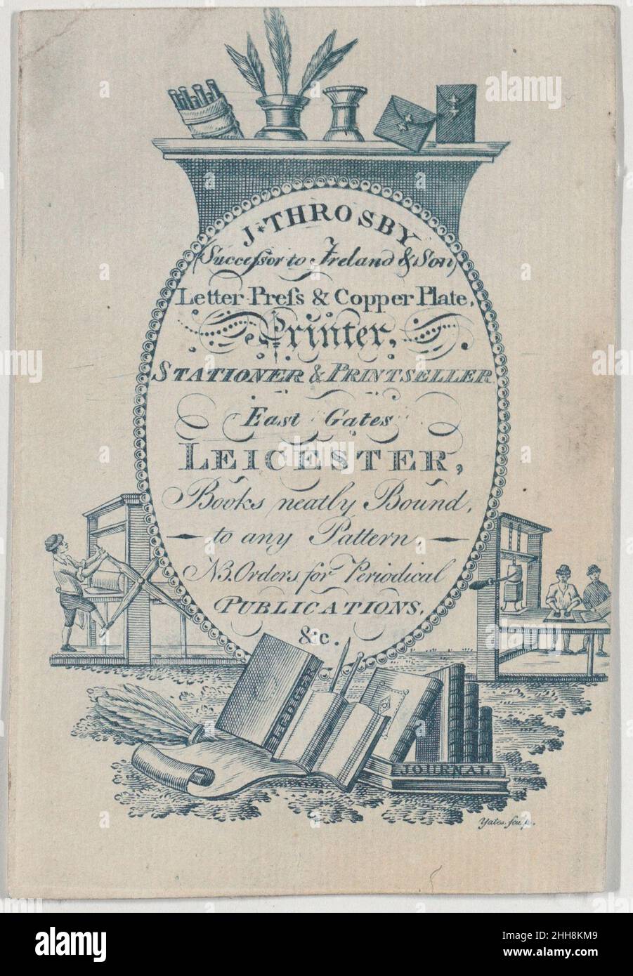 Visitenkarte für J. Throsby, Drucker, Stationer und Grafiker 18th Century Anonymous, British, 18th Century Dieses Objekt ist in einem Album mit britischen Visitenkarten aus den Sammlungen von Bella C. Landauer, Ambrose Heal und anderen untergebracht. Der Begriff „Handelskarte“ stammt aus dem 19. Jahrhundert und bezieht sich auf eine Karte, die die Dienstleistungen einer Person oder eines Unternehmens bewirbt. Handelskarten des 18. Jahrhunderts wurden oft auf dünnen Blättern gedruckt und als „Handelskarten“, „Handelsrechnungen“ oder „Ladenrechnungen“ bezeichnet. Während der viktorianischen Zeit wurden die Visitenkarten oft auf Pasteschwein verstärkt Stockfoto