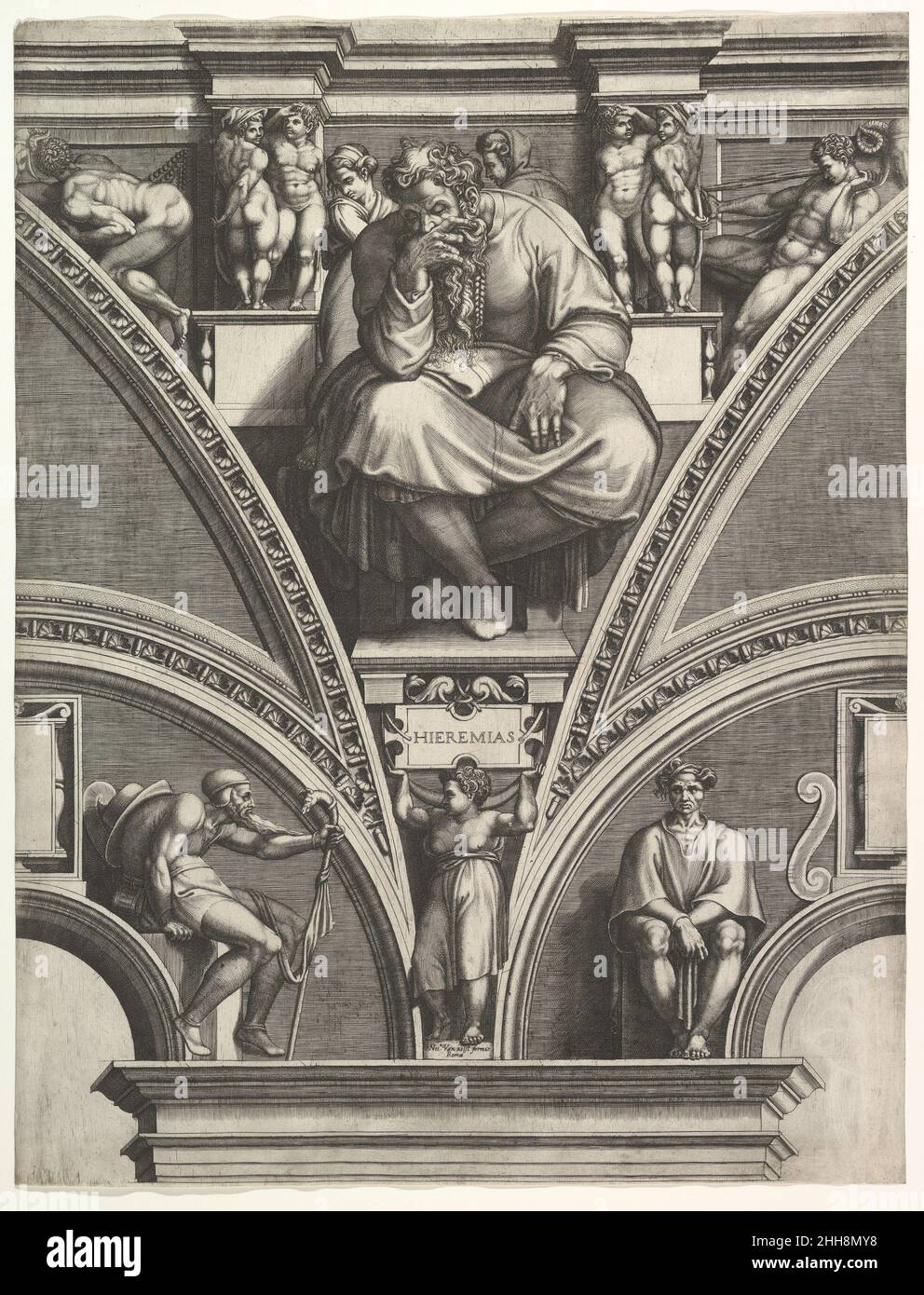 Der Prophet Jeremia, aus der Serie der Propheten und Sibyllen in der Sixtinischen Kapelle 1570–75 Giorgio Ghisi Italienisch. Der Prophet Jeremia, aus der Serie der Propheten und Sibyllen in der Sixtinischen Kapelle 338971 Stockfoto