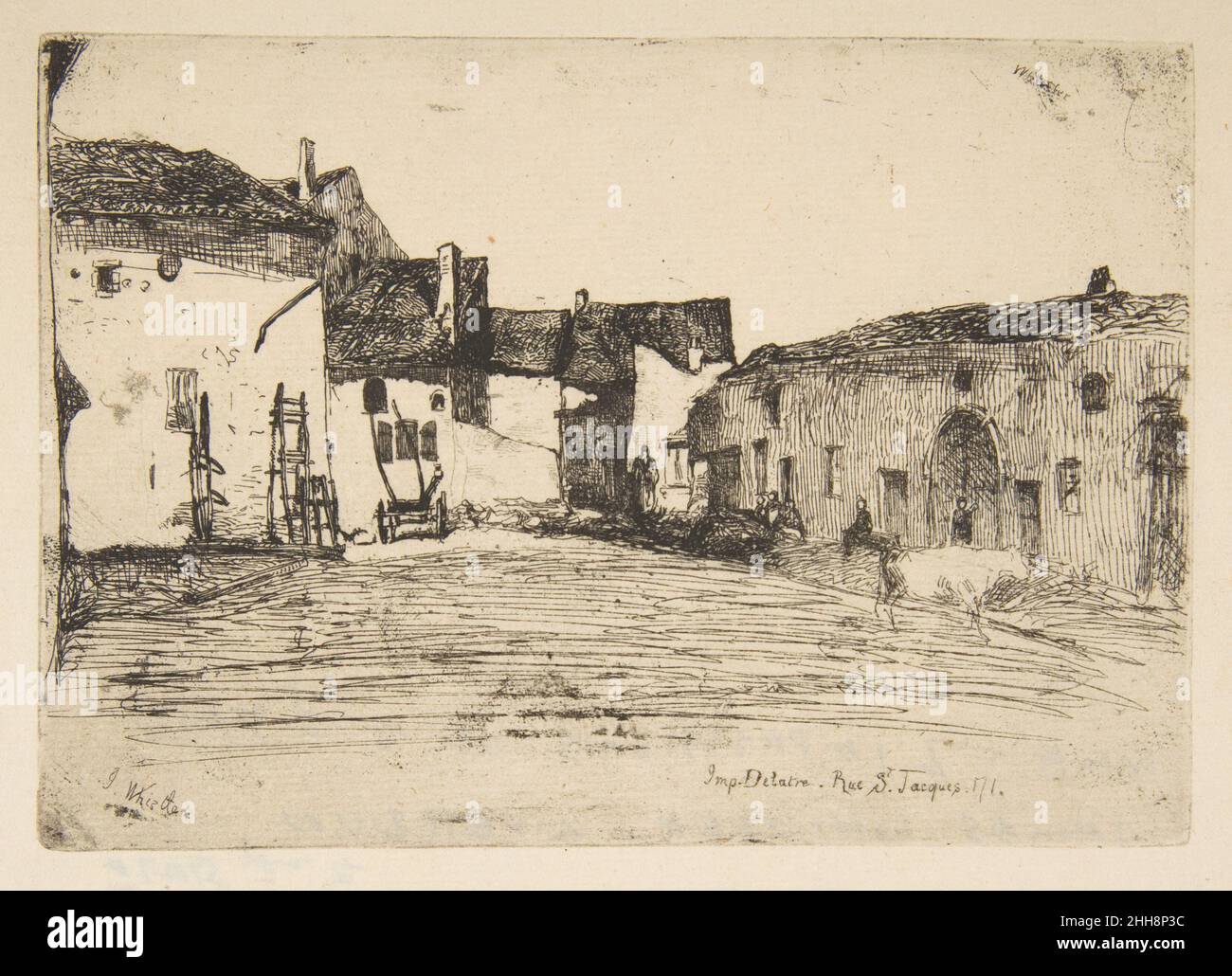 Liverdun 1858 James McNeill Whistler American Whistler besuchte Liverdun, eine Stadt an der Mosel, kurz vor dem Beginn einer Sommer-Rheinlandtour im Jahr 1858. Er reiste mit dem Zug zwischen Nancy und Straßburg, machte Skizzen und ein paar Radierungen, einschließlich der vorliegenden Arbeit. Hier umrahmen alte Bauernhäuser einen Hof und stellen fest, was eine bevorzugte formale Anordnung werden würde. Dächer und Wände sind mit schattigen Öffnungen versehen, um ein Spiel von Lichtern und Dunkeln zu schaffen, das von den leicht geätzten Formen von Landarbeitern, Leitern und einem Wagen belebt wird. Eine weiße Kuh geht aus dem Raum rechts, und weite Weiten darunter Stockfoto
