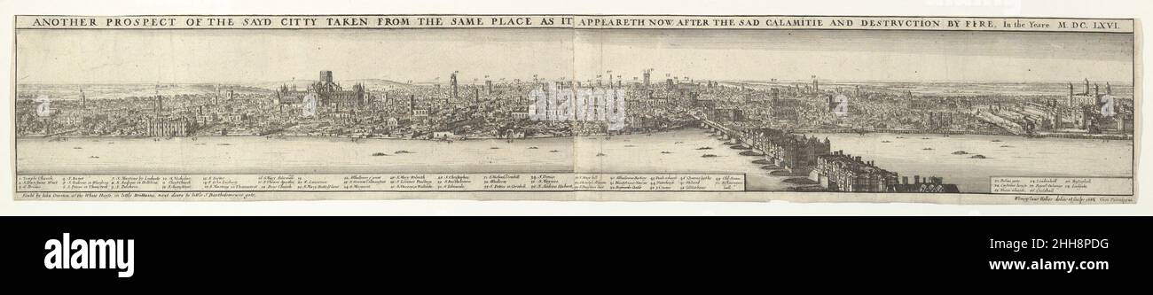Aussichten von London vor und nach dem großen Feuer 1666 Wenceslaus Hollar Bohemian zwei Platten montiert.. Perspektiven von London vor und nach dem großen Feuer. Wenceslaus Hollar (Böhmisch, Prag 1607–1677 London). 1666. Radierung; zweiter Zustand von fünf. Ausdrucke Stockfoto