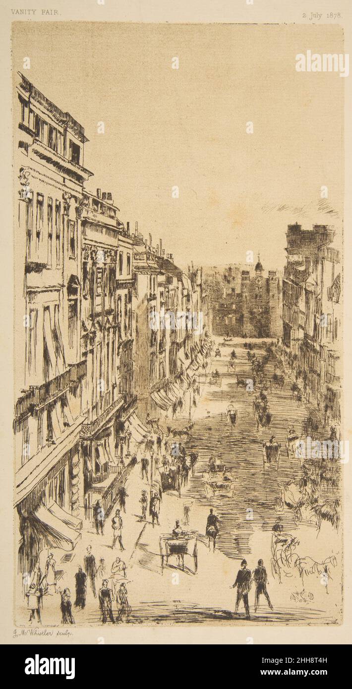 St. James's Street – 1878. Juni 2. Juli 1878 nach James McNeill Whistler konzentriert sich das geschäftige Stadtbild von American Whistler auf eine zentrale Londoner Durchgangsstraße, die Pall Mall und Piccadilly verbindet. Der Blick wurde von der Terrasse des damaligen Albermarle Hotels auf Piccadilly aufgenommen und blickte bergab in Richtung St. James's Palace, einem Komplex aus Tudor-Gebäuden, die der Straße und dem umliegenden Viertel ihren Namen gaben. Im Vordergrund steht ein Polizist, der vielleicht den Verkehr lenkt, in der Nähe von Markisen, die Ladenfronten abschirmen. Basierend auf einer etwas früheren Radierung von Whistler (siehe 17,3.74), diese Lithographie umgekehrt Stockfoto