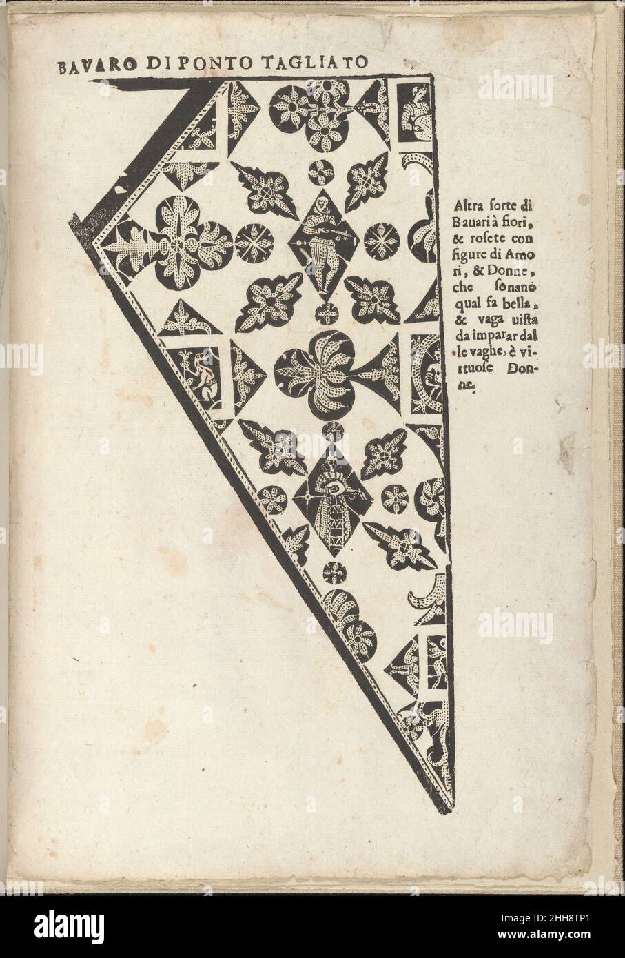 Ornamento nobile...Fatta da Lucretia Romana (Libro V der Corona), Seite 15 (recto) 1620 Cesare Vecellio Italienisch Geschrieben von Cesare Vecellio, Italienisch, Pieve di Cadore 1521-1601 Venedig, herausgegeben von Alessandro de' Vecchi.von oben nach unten, Und von links nach rechts: Das Design hat die Form eines Dreiecks, wobei die linke obere Ecke leer ist. Es ist mit einem Muster aus Blumen und Laubelementen, mit Diamanten umrandeten Musikern und anderen Diamanten verziert, die mit Tieren und anderen Figuren verziert sind. Dieses Design ist auf weißem Hintergrund gedruckt. Ornamento nobile...Fatta da Lucretia Romana (Libro V des Cor Stockfoto