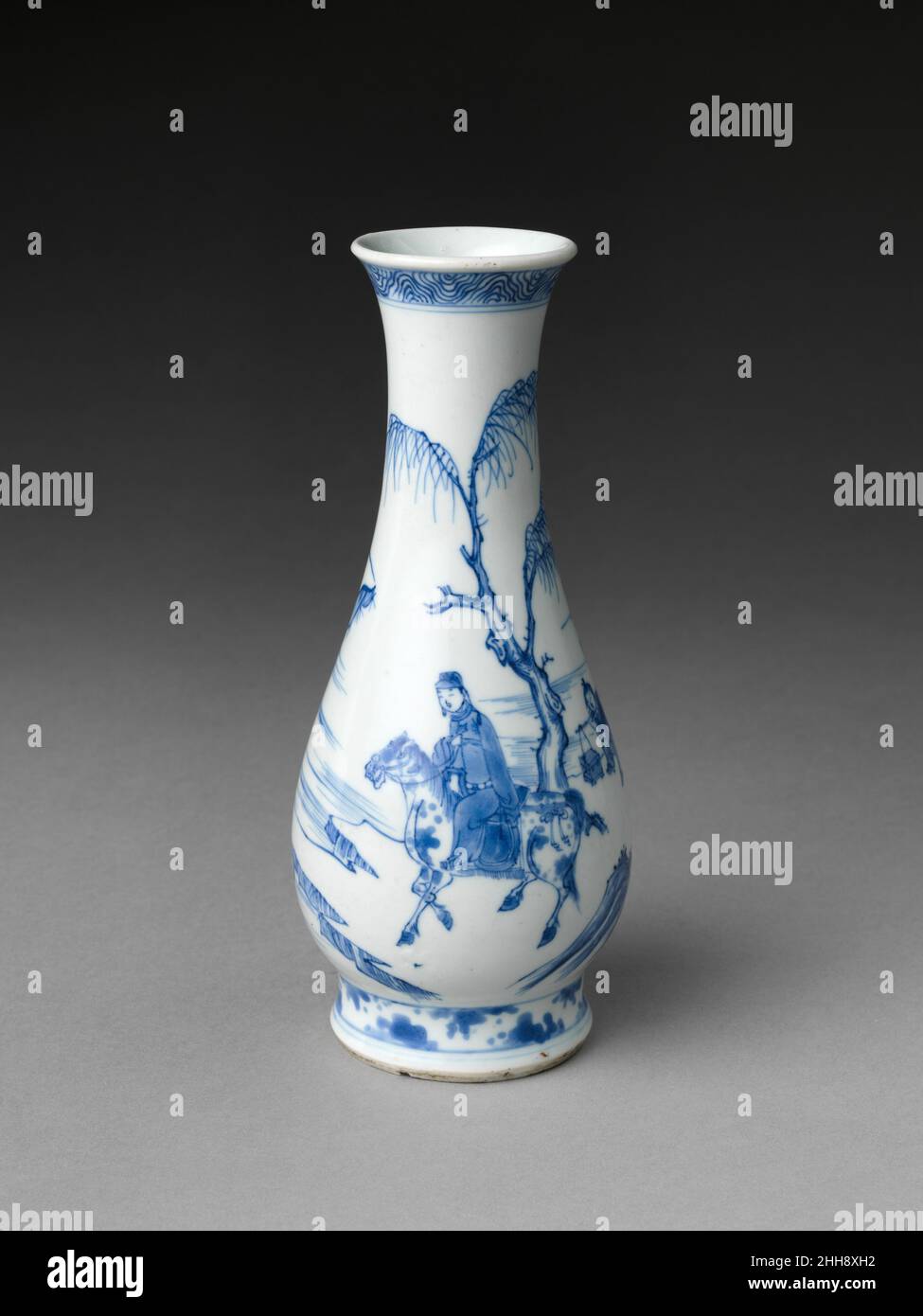 Vase mit Reiterfigur in Landschaft Mitte des 17th. Jahrhunderts China. Vase mit Reiterfigur in Landschaft. China. Mitte des 17th. Jahrhunderts. Porzellan in kobaltblau unterglasiert (Jingdezhen Ware). Qing-Dynastie (1644–1911), Shunzhi (1644–61). Keramik Stockfoto