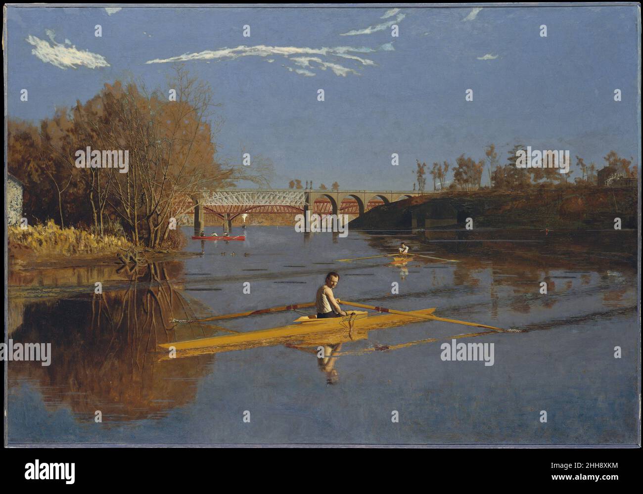 Der Champion Single Sculls (Max Schmitt in a Single Sculls) 1871 Thomas Eakins Amerikaner, der 1870 aus Europa nach Philadelphia zurückkehrte, begann Eakins eine Reihe von Darstellungen des Sports des Skullings, für das er eindeutig identifiziert wurde. Dies ist das erste große Werk dieser Serie von Gemälden und Aquarellen. Es wird angenommen, dass es an den Sieg von Max Schmitt (1843–1900), einem Rechtsanwalt und erfahrenen Amateurruderer, bei einem wichtigen Rennen auf dem Schuylkill River im Oktober 1870 erinnert. Auch ein begeisterter Ruderer, Eakins dargestellt selbst ziehen die Ruder eines scull in der mittleren Distanz.. Die Champi Stockfoto