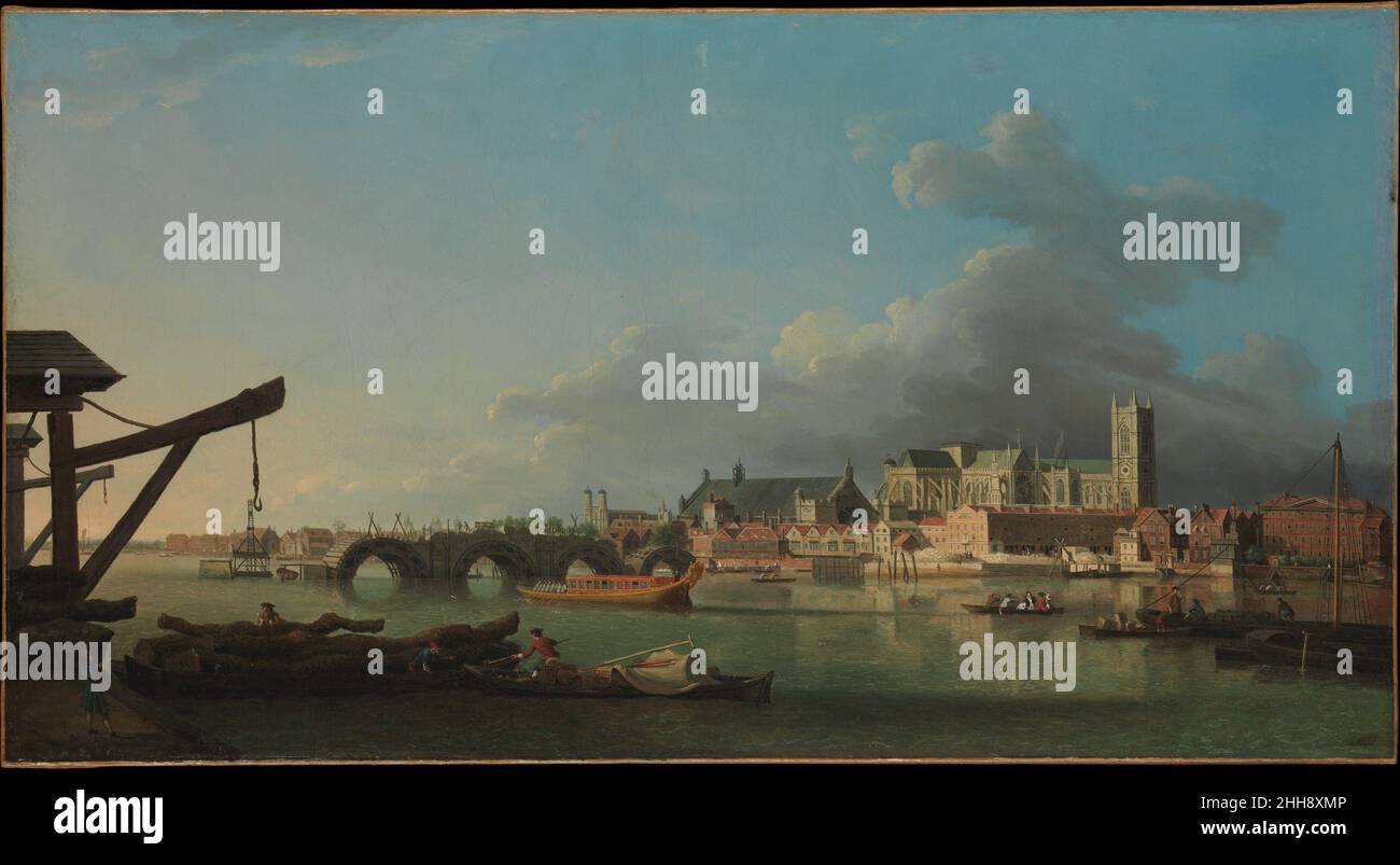 Das Gebäude der Westminster Bridge Samuel Scott British auf der linken Seite in dieser Ansicht von London und der Themse ist die noch unvollendete Westminster Bridge. Dahinter von links nach rechts befinden sich Saint Johns, Smith Square, Westminster Hall, Westminster Abbey und der Turm der Saint Margaret's Church. Die Arbeiten an der Westminster Bridge begannen 1738 und wurden 1750 abgeschlossen. Es wird hier in etwa dem Zustand gezeigt, den es bis 1742 erreicht hätte. Das Gebäude der Westminster Bridge. Samuel Scott (britisch, London ca. 1702–1772 Bad). Öl auf Leinwand. Gemälde Stockfoto