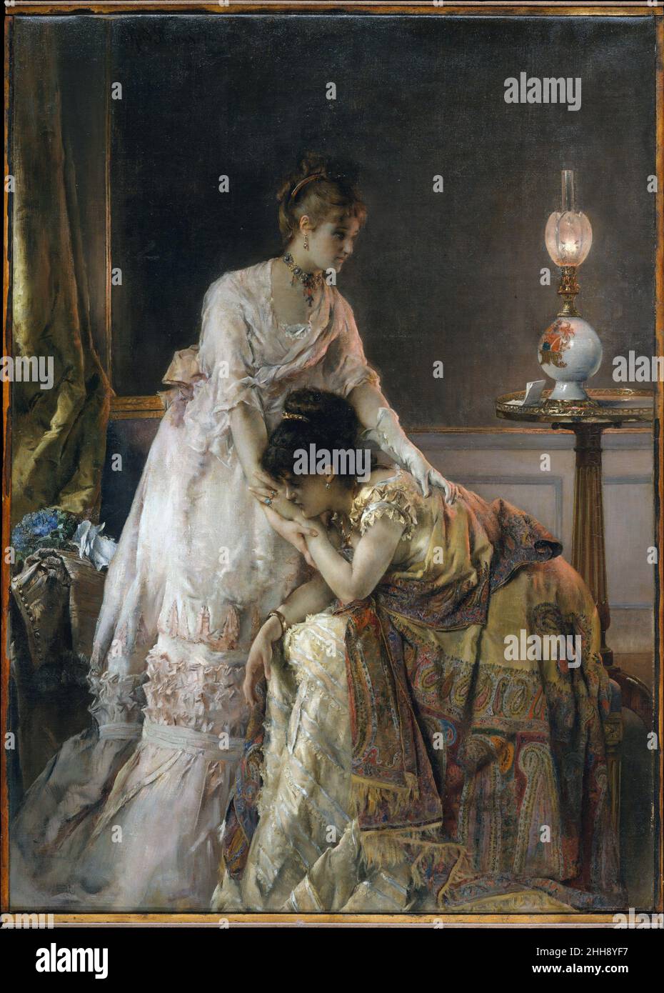 Nach dem Ball 1874 Alfred Stevens Belgisch Dieses Gemälde, auch bekannt als Vertrauen, ist eines von mehreren von Stevens, um das Thema des Trostes zu behandeln. Wie auch in seinen anderen Arbeiten aus dem Jahr 1870s zeigt sich hier der anekdotische Inhalt eines Briefes, der beängstigende Nachrichten enthält, in einem Einblick in das Leben modischer Pariser Frauen in ihren eleganten Interieurs. Stevens' Gegenstand und seine akribische Aufmerksamkeit für zeitgenössische Kleidung und Dekor entfachten Analogien zur holländischen und flämischen Kunst des 17. Jahrhunderts; tatsächlich nannte ihn ein Kritiker den französischen Gerard ter Borch. Nach dem Ball 437754 Stockfoto