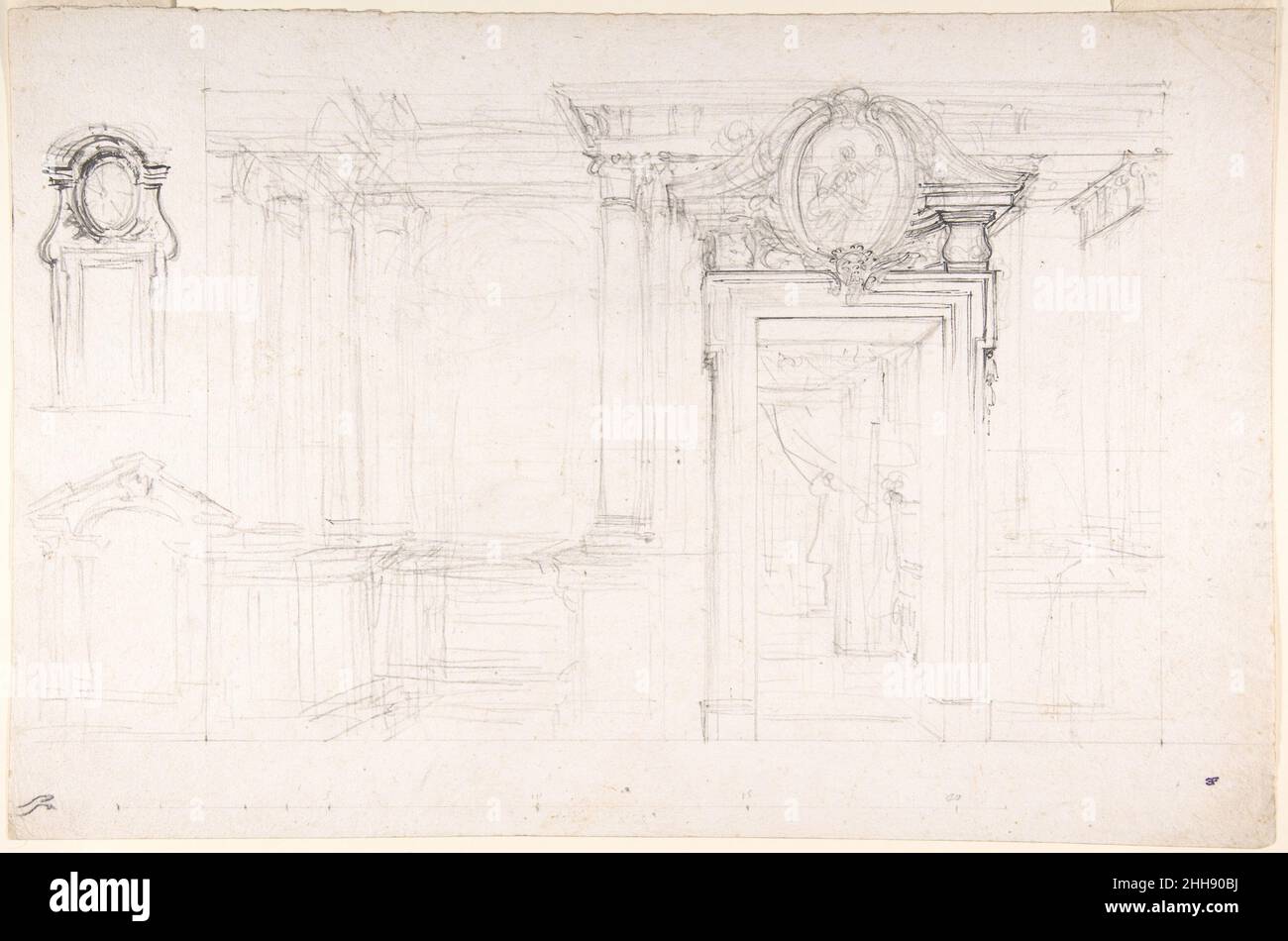 Architekturskizze für die Gestaltung einer Mauer mit Torweg, mit zwei kleineren Skizzen für die Gestaltung von Fenstern oder Türen (recto); Skizzen für einen Plan und eine teilweise perspektivische Ansicht der Decke (verso) 1700–1773 Luigi Vanvitelli Italienisch. Architekturskizze für die Gestaltung einer Mauer mit Torweg, mit zwei kleineren Skizzen für die Gestaltung von Fenstern oder Türen (recto); Skizzen für einen Plan und teilweise perspektivische Ansicht der Decke (verso) 341563 Stockfoto