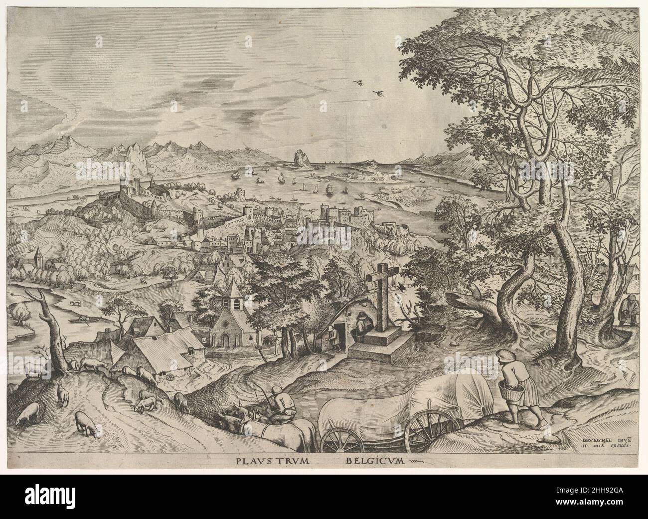 Der Belgische Wagen (Plaustrum Belgicum) aus den großen Landschaften ca. 1555–56 Johannes van Doetecum I Niederländisch. Der Belgische Wagen (Plaustrum Belgicum) aus den großen Landschaften 415679 Stockfoto