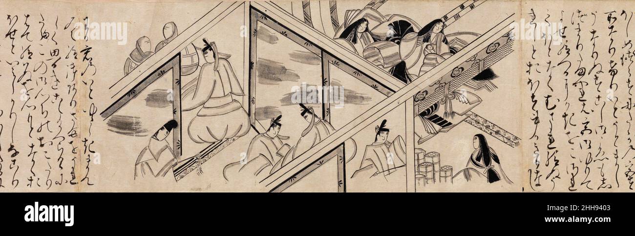 „Heartvine“ („AOI“)-Kapitel aus der Geschichte von Genji (Genji monogatari) 16th. Jahrhundert Japan Diese Schriftrolle mit ihrer fesselnd kindlichen Wiedergabe von Szenen aus dem neunten Kapitel der Geschichte von Genji ist ein Beispiel für eine ko-e („kleine Bilder“)-Handrolle, ein Format, das bei Amateurmalern, darunter Hofdamen, Während der Muromachi-Periode. Szenen in einer vereinfachten Version des klassischen hakuby ausgeführt? (Weiße Zeichnung) Methode der monochromen Malerei wechseln sich mit Textabschnitten ab. Das kompositorische Gerät, das als Fukinuki-yatai oder „weggeblasenes Dach“ bekannt ist, ermöglicht es den Zuschauern, in mehrere Roos zu blicken Stockfoto