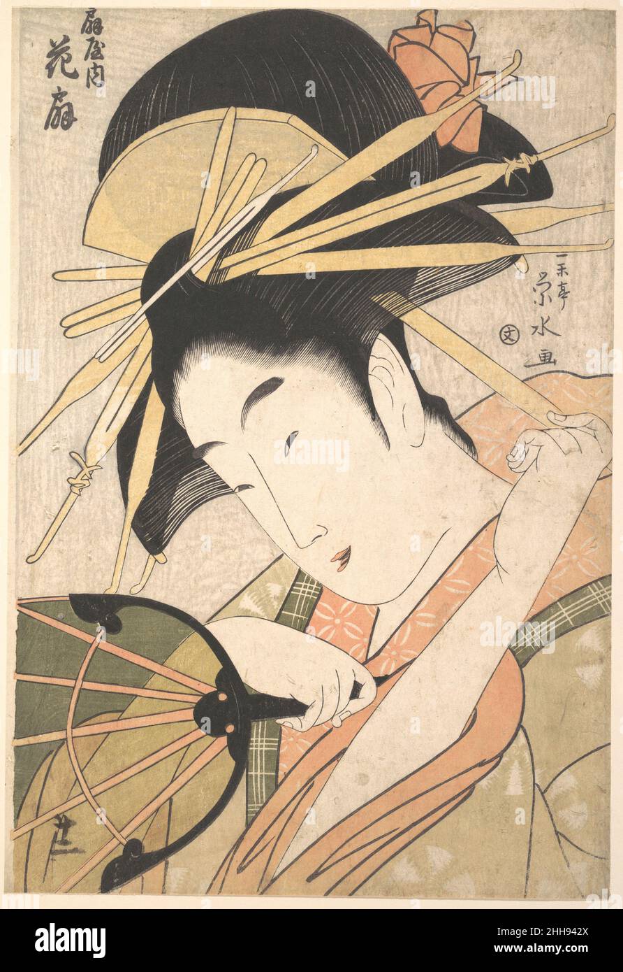 Die Kurtisane Hanaōgi des Ōgiya Bordells (Ōgiya no uchi Hanaōgi) 1790s Ichirakutei Eisui die Japanerin Hanaōgi fiddelt mit einer der Haarnadeln, die ihre prächtige Coiffure an ihrem Platz hält. Sie greift nach einem halbtransparenten kreisförmigen Fächer, der sich an den Namen ihres Bordells Ōgiya erinnert, wörtlich „Haus der Fans“. Hanaōgi war ein Name, der von einer Reihe hochrangiger Kurtisanen dieses Hauses verwendet wurde. Dieses Bild ist aller Wahrscheinlichkeit nach für Hanaōgi VI gedacht, der bekannt war, dass er ein Talent für Poesie, Gesang und andere literarische Künste hatte. Die Kurtisane Hanaōgi des Bordells Ōgiya (Ōgiya no uchi Hanaōgi) 56096 Stockfoto