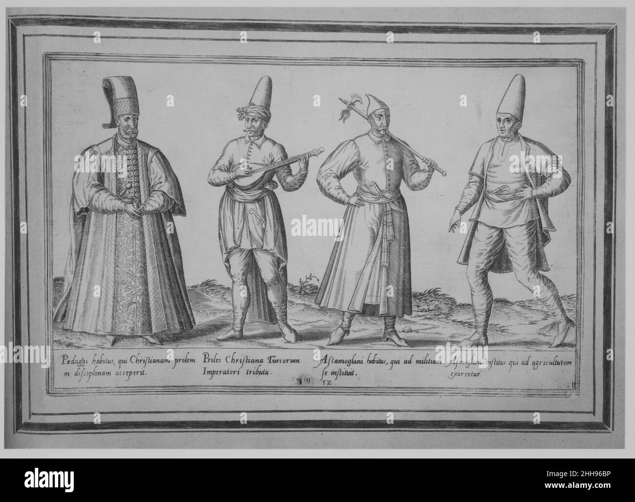 Paedagogi habitus, qui Christianam prolem in disceplinam acceperit; Proles Christiana Turcorum Imperatori tributa; Assamoglani habitus, qui ad Milicam se instituit; Asmoglam vestituis qui ad Agriculturam exercetur 1580 Abraham de Bruyn Engraving, part of 'Omnium pene Europae, Asiae, Aphae of Europe, verschiedene Nationen of Asia, Habitus Afrika und Amerika), eine Serie von Drucken, die Figuren aus verschiedenen Teilen der Welt darstellen, von Abraham de Bruyn gestochen und 1580 von Joos de Bosscher veröffentlicht. Stockfoto