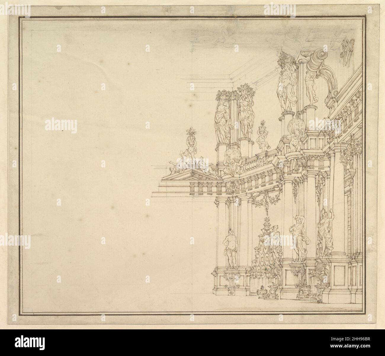 Entwurf für ein Bühnenbild: Palastsaal mit Säulen und Statuen. 1696–1756 Workshop von Giuseppe Galli Bibiena Italienisch. Entwurf für ein Bühnenbild: Palastsaal mit Säulen und Statuen. 344454 Stockfoto