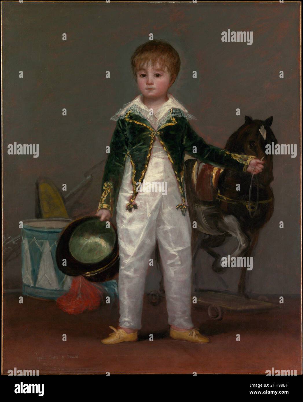 José Costa y Bonells (gestorben l870), genannt Pepito Ca. 1810 Goya (Francisco de Goya y Lucientes) Spanisch das schillernde Weiß der aufwendigen Kinderkostüme, die in Imitation einer Soldatenuniform geschnitten wurde, unterscheidet ihn von den zusätzlichen militärischen Referenzen, die als Spielzeug gärt sind: Ein Pferd, eine Trommel und ein Gewehr mit festem Bajonett. Dieses außergewöhnliche Porträt steht in engem Zusammenhang mit Werken, die Goya kurz nach 1810 gemalt hat und auf den Spanischen Unabhängigkeitskrieg (1808–14) anzuspielen scheint. Der Vater des Sitters, Rafael Costa de Quintana, der unter dem Spitznamen Pepito bekannt war, war Arzt des Königs Ferdinand VII., seines Motten Stockfoto