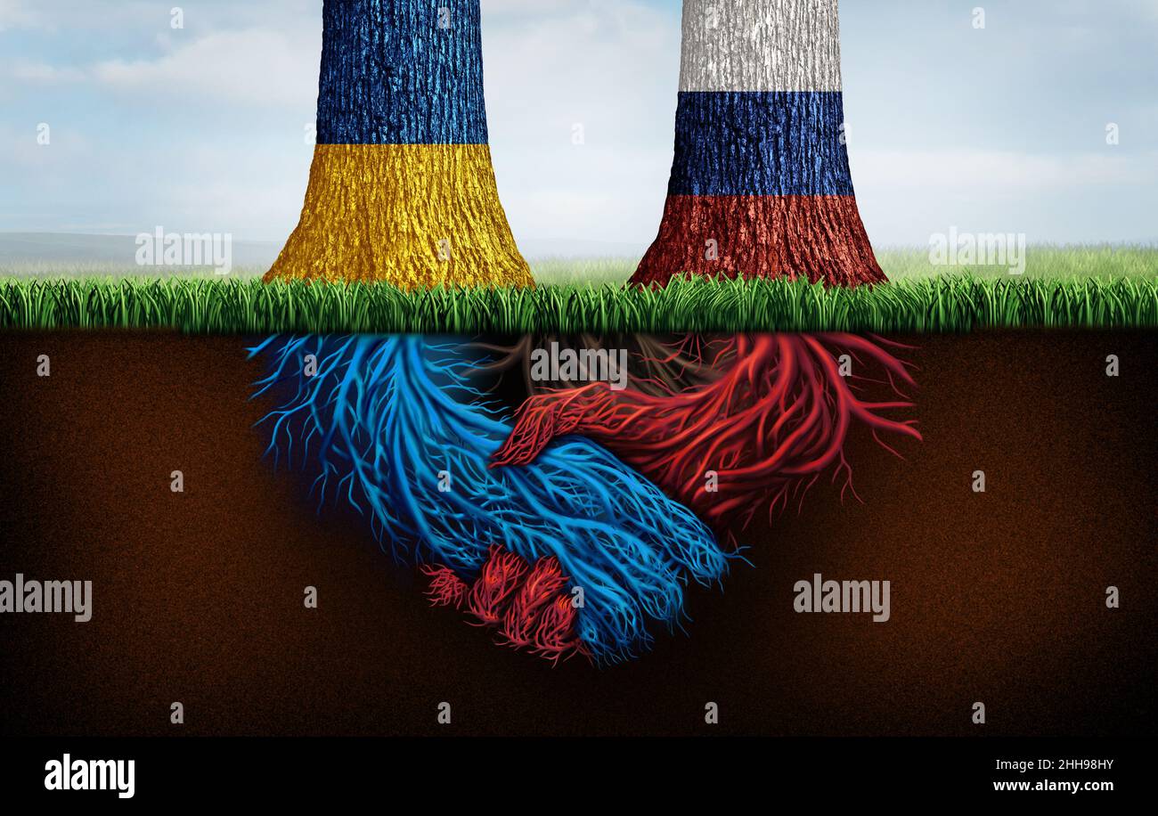 Russland Ukraine politisches Geheimabkommen und russisches Abkommen oder ukrainische Verhandlungen als Friedensvertrag und globale diplomatische Verhandlungslösung. Stockfoto