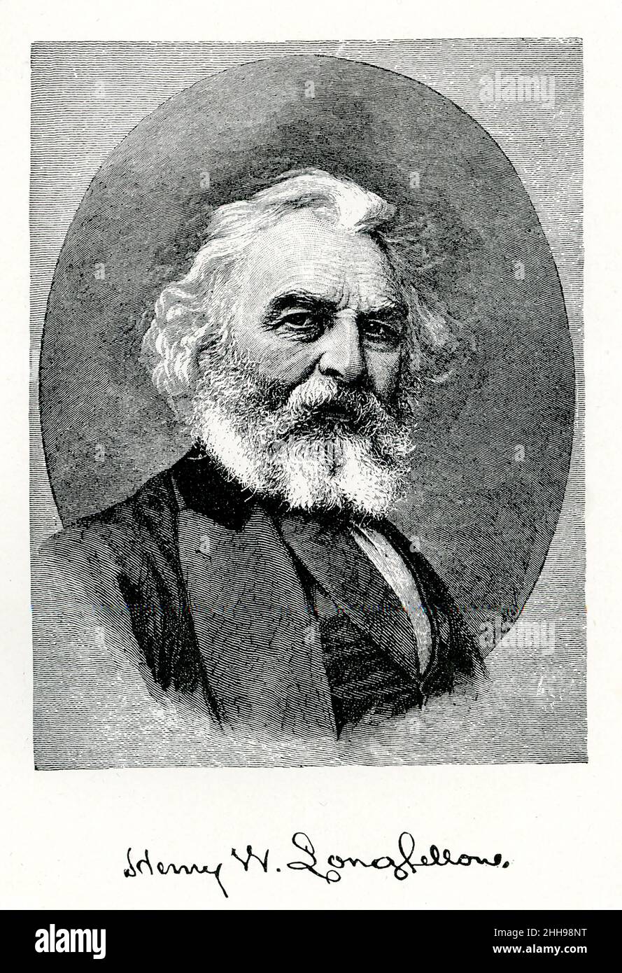 Henry Wadsworth Longfellow (1807-1882) war ein amerikanischer Dichter und Pädagoge. Zu seinen bekanntesten Werken gehören „Paul Revere's Ride“, „Hiawatha“ und „Evangeline“. Diese Abbildung stammt aus dem Jahr 1891. Stockfoto