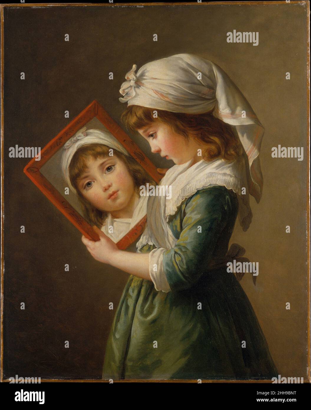 Julie Le Brun (1780–1819) Looking in a Mirror 1787 Elisabeth Louise Vigée Le Brun Vigée Le Brun repräsentiert ihr einziges Kind, Julie, sowohl im Profil als auch im Gesicht durch die Einbeziehung eines Spiegels und einer unmöglichen Perspektive. Das daraus resultierende Doppelbild, das sich auf die allegorischen Sichtfiguren früherer Künstler stützt, spielt in der Malerei auf Realität versus Illusion. Vigée Le Brun reichte dem Salon von 1787 drei Bilder ihrer Tochter ein, darunter dieses Werk; etwa zwei Jahre zuvor hatte sie Julie in einer nahezu identischen Komposition dargestellt. Diese Porträts zeigen in letzter Zeit eine neue Wertschätzung Stockfoto