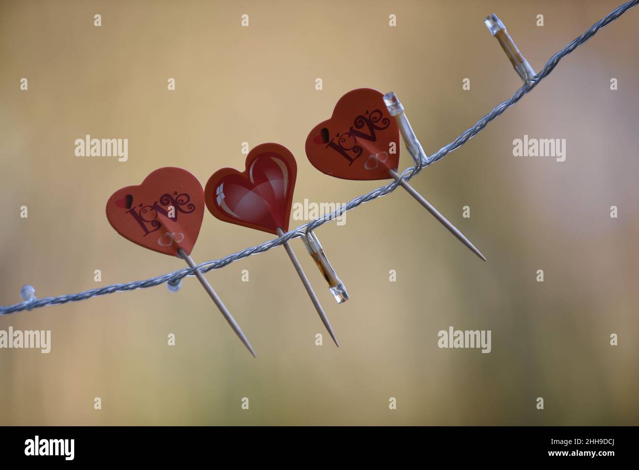 valentinstag Ornament drei rote Herzen mit difocused Hintergrund Stockfoto