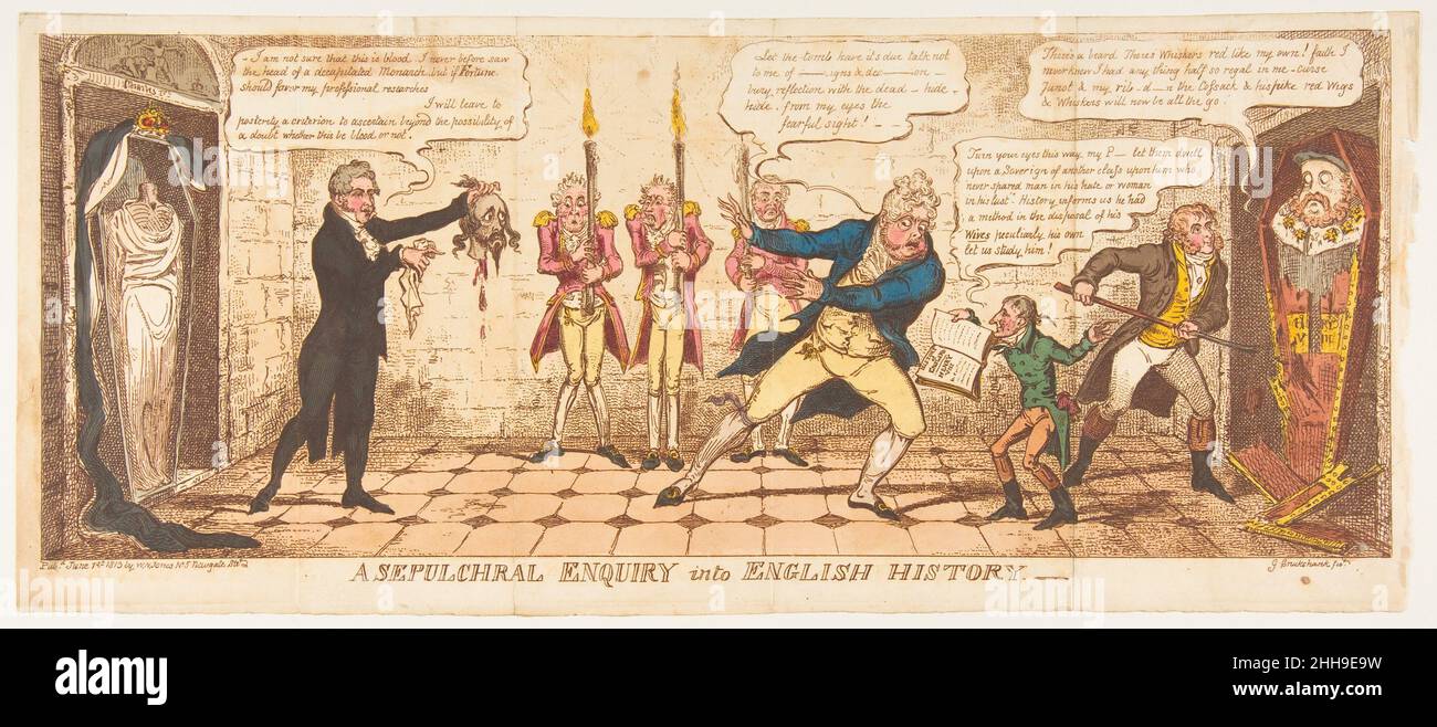 A Sepulchral Inquiny into English History June 1, 1813 George Cruikshank British. A Sepulchral Inquire into English History. George Cruikshank (Großbritannien, London 1792–1878 London). 1. Juni 1813. Handkolorierte Radierung. M. [ODER W. N.] Jones (London). Ausdrucke Stockfoto
