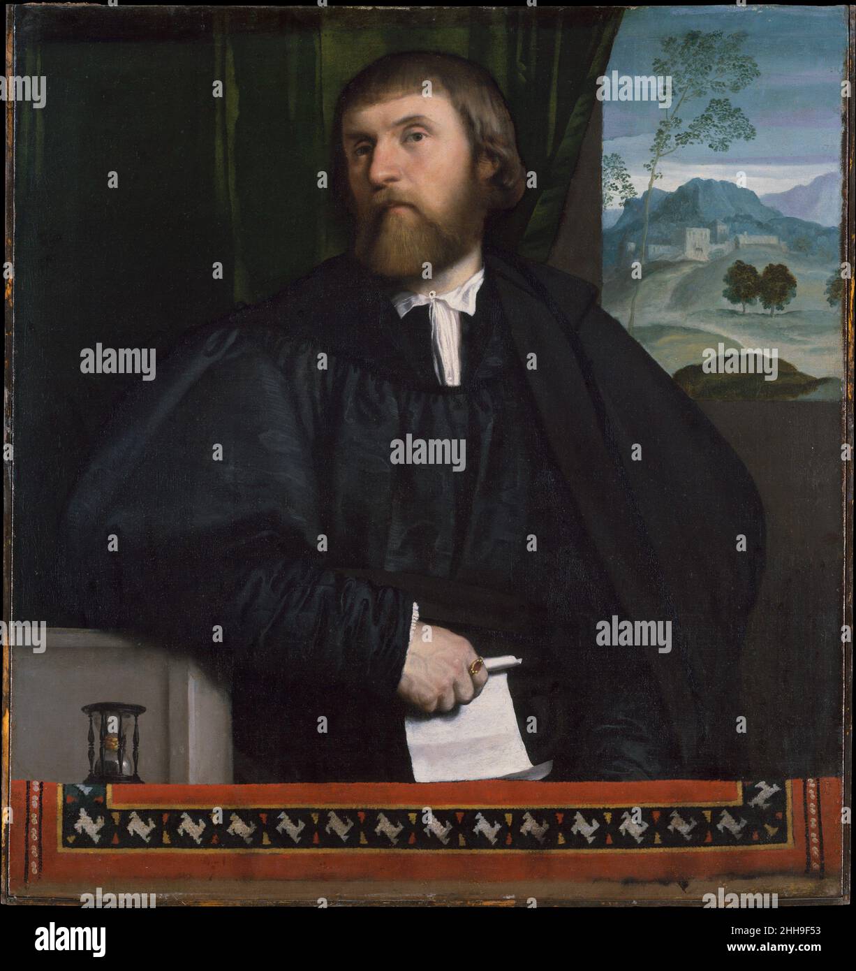 Porträt eines Mannes ca. 1520–25 Moretto da Brescia (Alessandro Bonvicino) das italienische Moretto-Porträt setzt sich durch Pose und Blick des Sitters sowie durch die mit Teppich und Sanduhr geschmückte Attika (Emblem des Zeitvergangs und damit der Sterblichkeit) aktiv mit dem Betrachter in Verbindung. Moretto kannte die Porträts von Tizian, aber auch die eines anderen venezianischen Künstlers, Lorenzo Lotto, dessen Werk direkt vom Beispiel Dürers inspiriert war. Die Andeutung einer lebendigen, lebendigen Präsenz ist ein verbindendes Ziel der Porträts des 16. Jahrhunderts nördlich und südlich der Alpen. Brescia, si Stockfoto