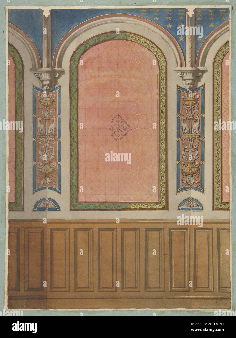 Design für die Dekoration der Wand mit Holzplatten und gewölbten Buchten zweite Hälfte 19th Jahrhundert Jules-Edmond-Charles Lachaise Französisch. Design für die Dekoration von Wänden mit Holzplatten und gewölbten Buchten 384829 Stockfoto