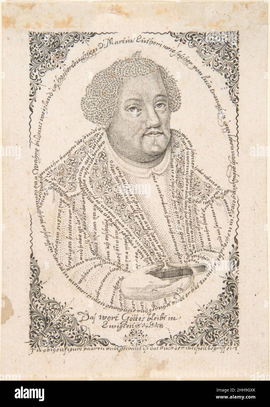 Porträt von Martin Luther ca. 1680–1702 Johann Michael Püchler Deutsch aus einer Familie von Kupferstechern und Kalligraphen stammend, schuf Püchler zahlreiche Porträts von Martin Luther, John Calvin und anderen religiösen Persönlichkeiten mit virtuoser Mikrographie. Dieses nach einem Abbild des Künstlers Lucas Cranach dem Älteren aus dem sechzehnten Jahrhundert gefertigte Porträt enthält Text aus der Bibel und vielleicht aus Luthers eigenen fünfundneunzig Thesen. Püchlers Stil der Mikrografie, die aus wirbelnden Textzeilen das Haar formte, war für Buchinger, der Püchler und seine Grafiken in Nürnberg vielleicht getroffen hat, unglaublich einflussreich. Stockfoto