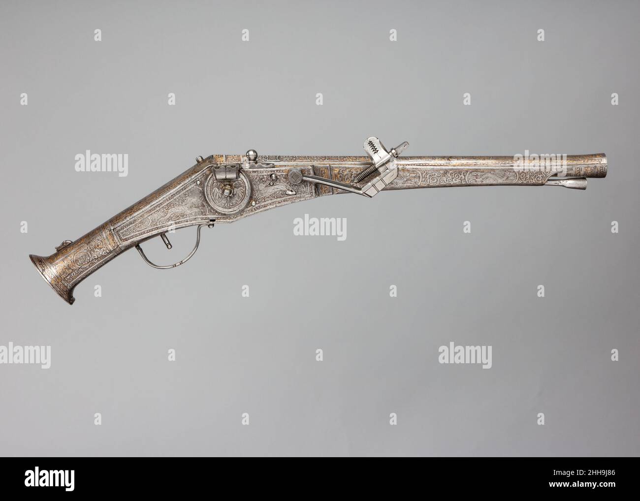 Radschlosspistole ca. 1575 Deutsch. Radsperrpistole. Deutsch. Ca. 1575. Stahl, Gold. Schusswaffen-Pistolen-Radschloss Stockfoto