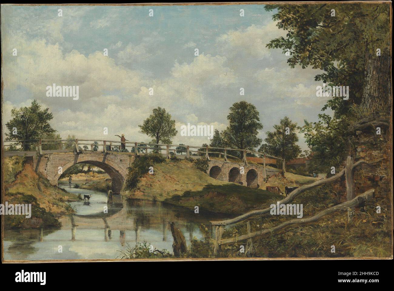 Eine alte Brücke in Hendon, Middlesex, ca. 1828 Frederick Waters Watts Brite Als Anhänger von John Constable stellte Watts weit als Landschaftsgärtner aus, malte aber um 1860 nicht mehr. Der Charme dieser ländlichen Szene wird durch kleine, aber aufmerksam dargestellte Figuren belebt: Passanten auf der Brücke, ein Watvögel im Wasser, ein Hund am Bachrand und einige Kühe, die sich über das Gelände pflücken. Dieses Gemälde wird angenommen, dass es von Watts zur Ausstellung der Royal Academy von 1828 geschickt wurde. Eine zweite Version des Themas befindet sich im Philadelphia Museum of Art; eine dritte Version ist nicht lokalisiert. Eine alte Brücke bei Stockfoto