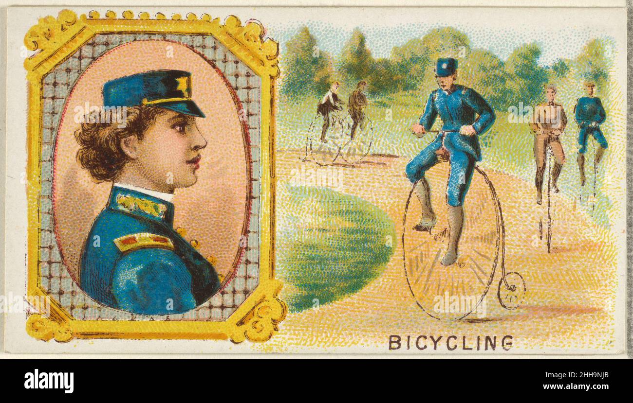 Radfahren, aus der Games and Sports-Serie (N165) für Old Judge Cigarettes 1889 herausgegeben von Goodwin & Company die Trading Cards-Serie "Games and Sports" (N165) wurde 1889 von Goodwin & Company herausgegeben, um Old Judge Cigarettes zu bewerben. Das Metropolitan Museum of Art besitzt alle 50 Karten der Serie. Radfahren, aus der Games and Sports-Serie (N165) für Old Judge Cigarettes 400641 Stockfoto