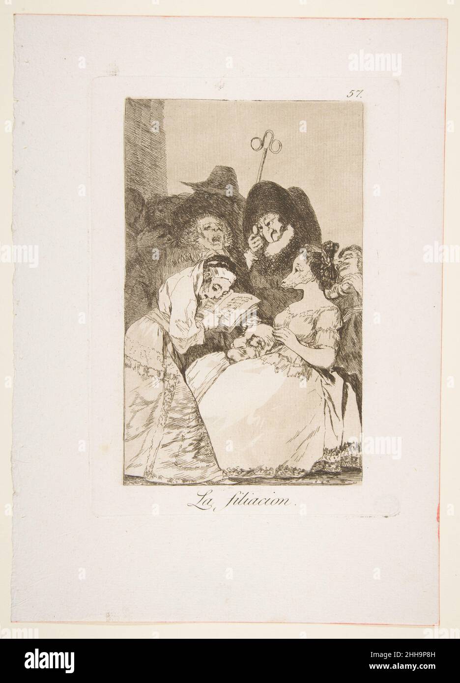 Platte 57 aus 'Los Caprichos': Die Filiation (La filiacion.) 1799 Goya (Francisco de Goya y Lucientes) Spanisch. Platte 57 aus 'Los Caprichos': Die Filiation (La filiacion.) 380704 Künstler: Goya (Francisco de Goya y Lucientes), Spanisch, Fuendetodos 1746?1828 Bordeaux, Platte 57 aus 'Los Caprichos':die Filiation (La filiacion.), 1799, Radierung und Aquatinta, Platte: 8 7/16 x 5 7/8 Zoll (21,5 x 15 cm) Blatt: 11 9/16 x 8 1/4 Zoll (29,4 x 20,9 cm). Das Metropolitan Museum of Art, New York. Schenkung von M. Knoedler & Co., 1918 (18,64(57)) Stockfoto