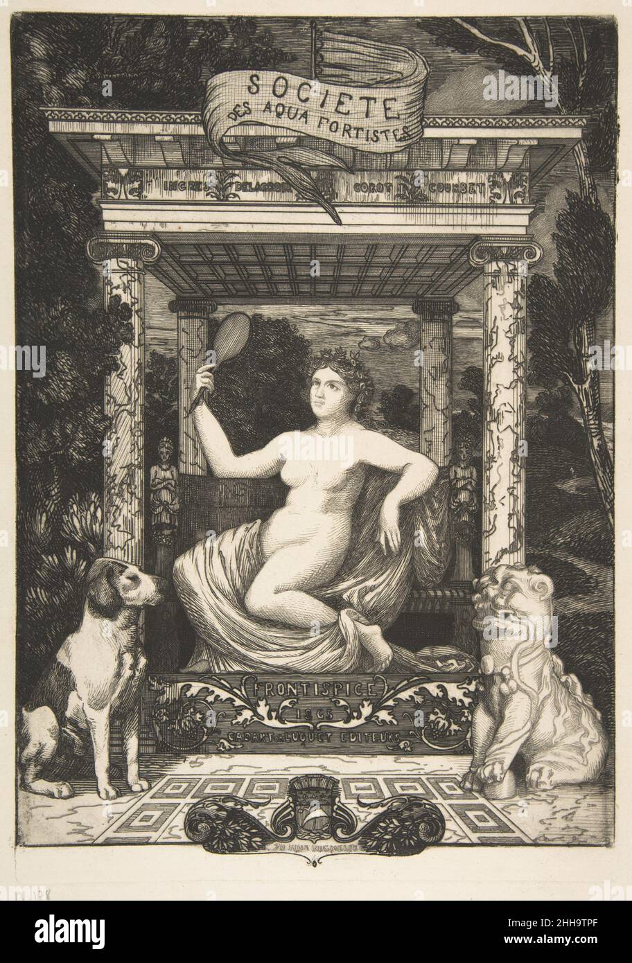 Société des Aquafortistes (Frontispice) 1865 Félix Bracquemond das Design von French Bracquemond für die Titelseite des Albums der Société des Aquafortistes von 1865 beruhte auf komplexer Symbolik, um die herausragende neue Rolle der Radierung anzudeuten. Durch die Synthese von Anspielungen auf Vergangenheit und Gegenwart mit einer Vielzahl von visuellen Stilen zeigt das Bild die Universalität und Modernität der im Portfolio enthaltenen Drucke. Société des Aquafortistes (Frontispice) 384657 Stockfoto