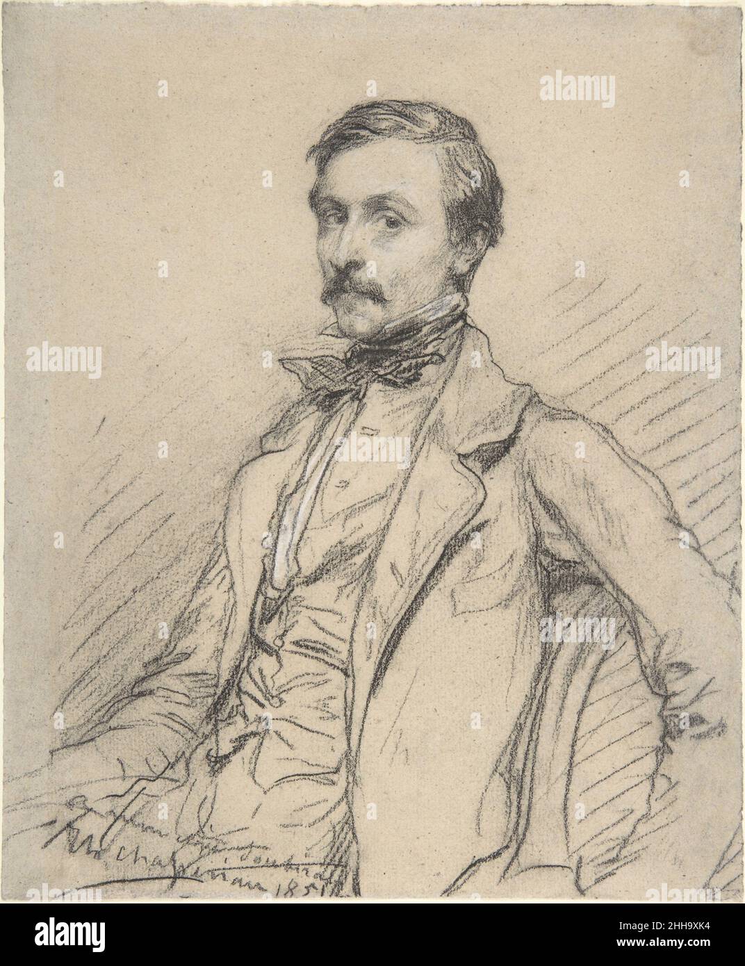 Ernest Chassériau (?) 1851 Théodore Chassériau Französisch der Sitter gilt als Bruder des Künstlers, Ernest, ein Infanterieoffizier der französischen Marine, der während des französisch-preußischen Krieges (1870–71) starb. Chassériaus Wachsmalstift scheint praktisch über das Blatt getanzt zu haben, da er die Konturen und Falten von Ernests Jacke, Weste und Krawatte markierte. Der durchdringende Blick und die raffinierten Züge des Sitters werden mit einer Zärtlichkeit behandelt, die einem geliebten Bruder passt. Ernest Chassériau (?). Théodore Chassériau (Französisch, Le Limon, Saint-Domingue, West Indies 1819–1856 Paris). 1851. Conté-Wachsmalstift, mit touche Stockfoto
