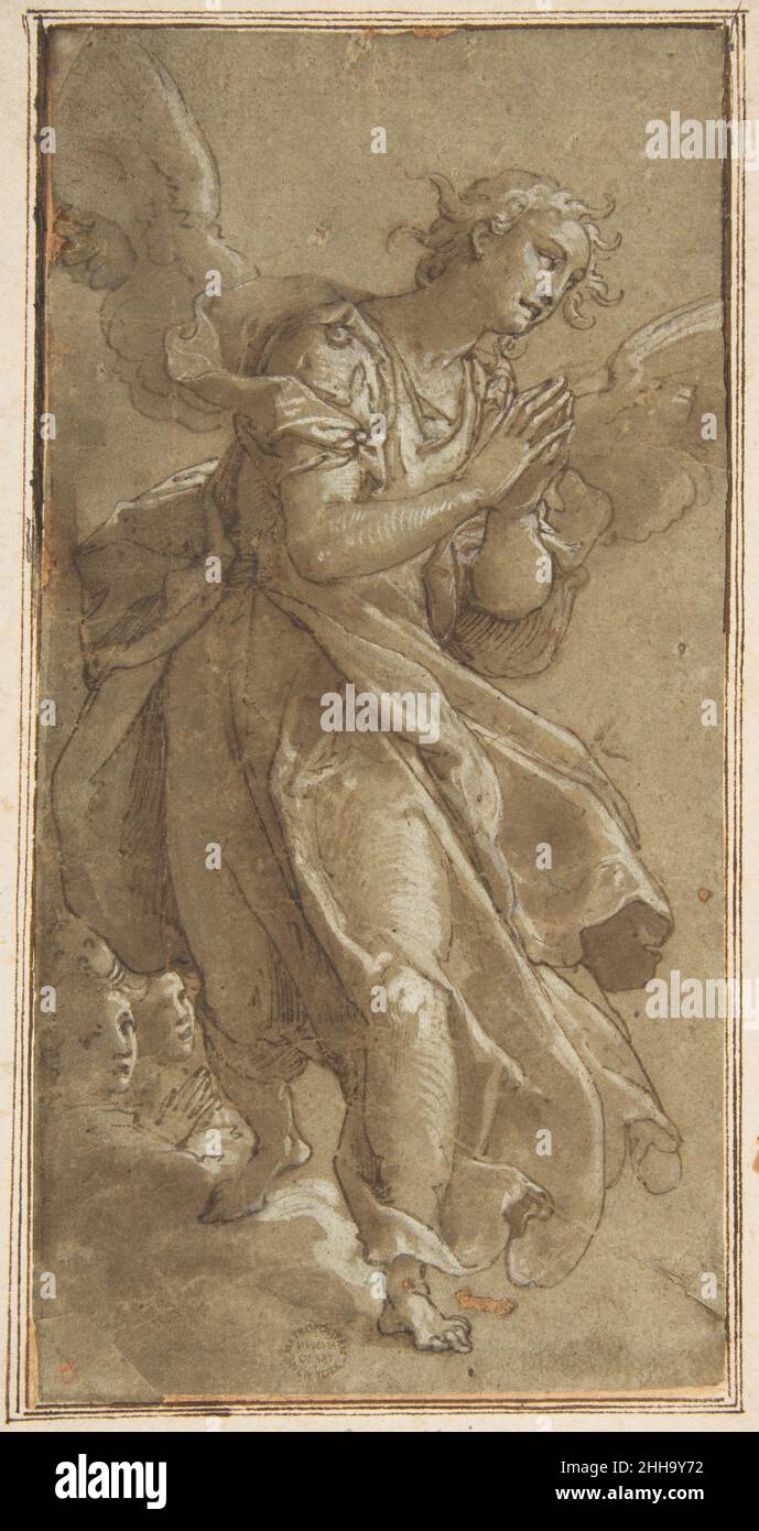 Ein stehender Engel und zwei Cherubs ca. 1566 zugeschrieben Federico Zuccaro (Zuccari) Italienisch lebhaft gezeichnet mit Stift und Tinte, Pinsel, braun waschen und mit weißem Gouache hervorgehoben, Diese Zeichnung von Federico Zuccaro wurde möglicherweise für die Figur des Engels konzipiert, die links oben auf seinem Altarbild mit der ‘Krönung der Jungfrau mit dem Martyrium des heiligen Laurentius’ in der römischen Kirche San Lorenzo in Damaso (ca. L 1566, S. Diese Verbindung wurde zuerst von John Gere vorgeschlagen, während die Zuordnung der Zeichnung zu Zuccaro auf Jacob Bean zurückzuführen ist (Curatorial Files, April 1962). Direkt nach mir Stockfoto