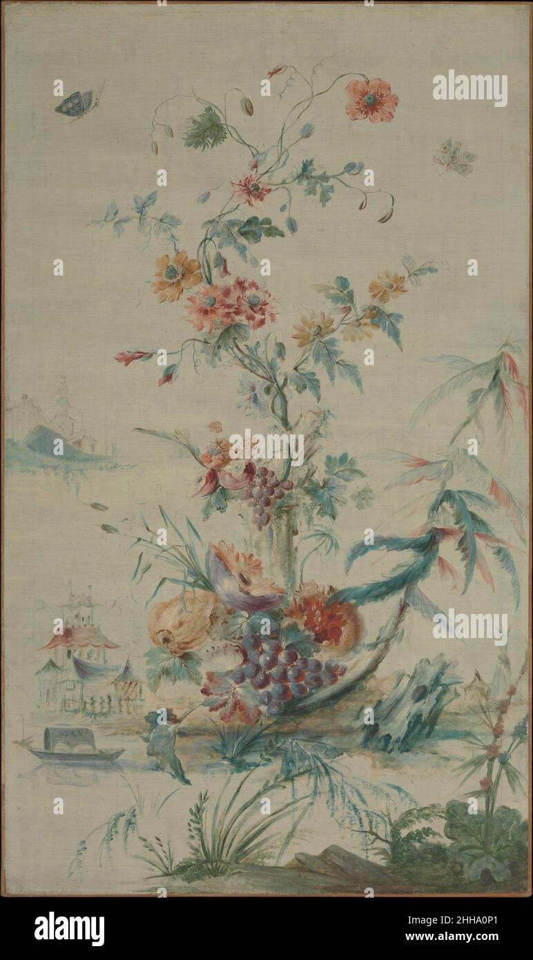Dekorative Malerei Ende des 18th. Jahrhunderts Französisch Dieses Gemälde eines unbekannten Künstlers veranschaulicht die Mode für Chinoiserie, die Nachahmung oder Beschwörung chinesischer Motive in der westlichen Kunst im Frankreich des 18. Jahrhunderts. Mit seinen pagodenartigen Strukturen, dem Boot und dem Felsen des Gelehrten könnte die Komposition von Illustrationen aus Reisebüchern oder Handbüchern inspiriert worden sein, wie William Chambers einflussreiche Entwürfe chinesischer Gebäude, Möbel, Kleider, Maschinen und Utensilien, Gestochen von den besten Händen, von den Originalen gezeichnet in China von 1757. Die wispy Blumen, Vegetation und Früchte, out of scale wit Stockfoto