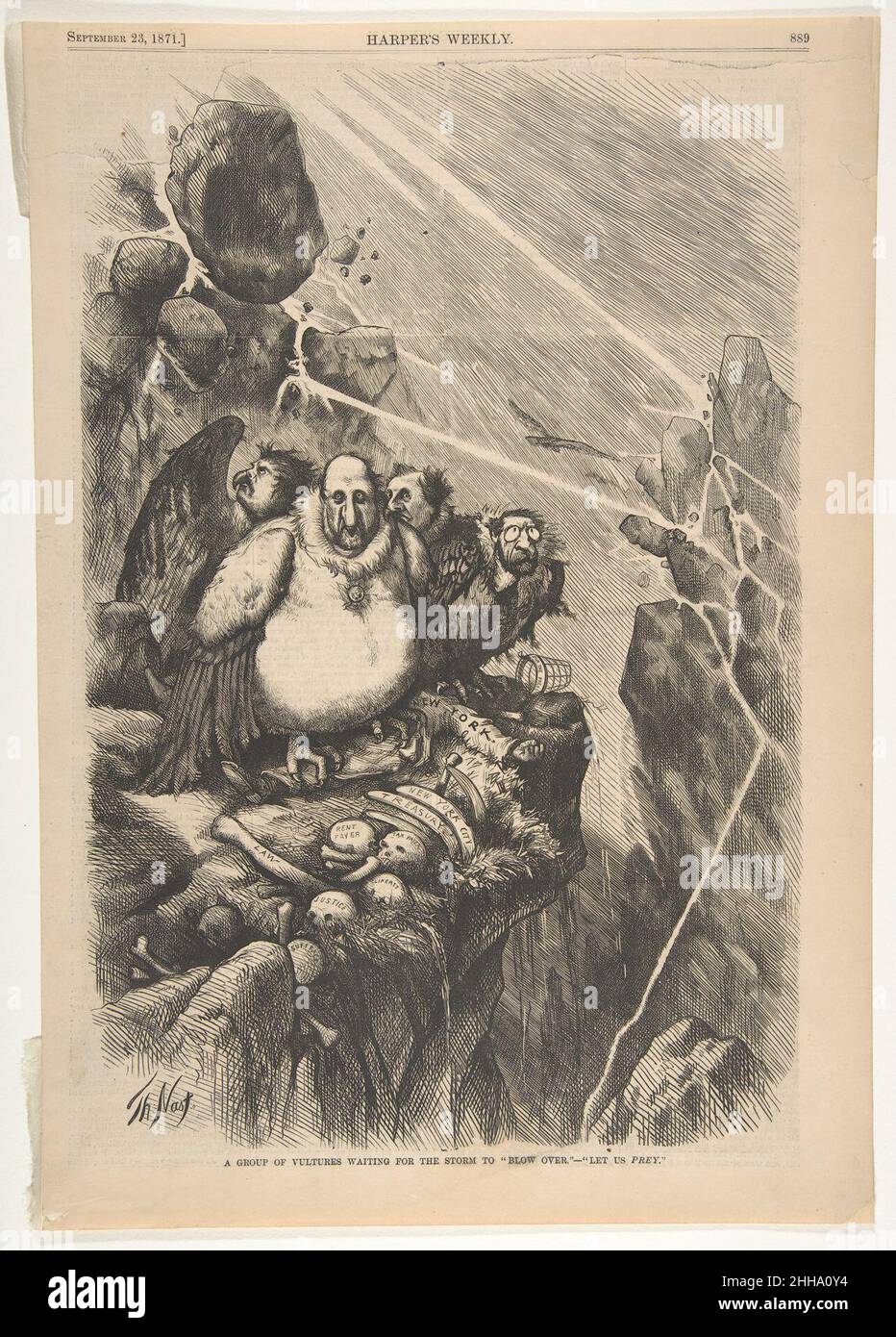 Eine Gruppe von Geiern, die darauf warten, dass der Sturm „überwandere“ – „Let US Prey“ (aus „Harper's Weekly“) 23. September 1871 nach Thomas Nast American, dem geborenen Deutschland, das weithin als einer der wichtigsten amerikanischen Satiriker des 19. Jahrhunderts gilt, Thomas Nast war von 1859 bis 1886 der führende Karikaturist bei Harper’s Weekly. Nast, ein ausgesprochener Verteidiger von prinzipienfesten Politikern, zielte auf Führer ab, die er durch seine beißenden Illustrationen für unethisch hielt. Diese Werke nutzten populäre Referenzen, die von einem teilweise Analphabeten leicht verstanden werden konnten. Der Prototyp von Power brok Stockfoto