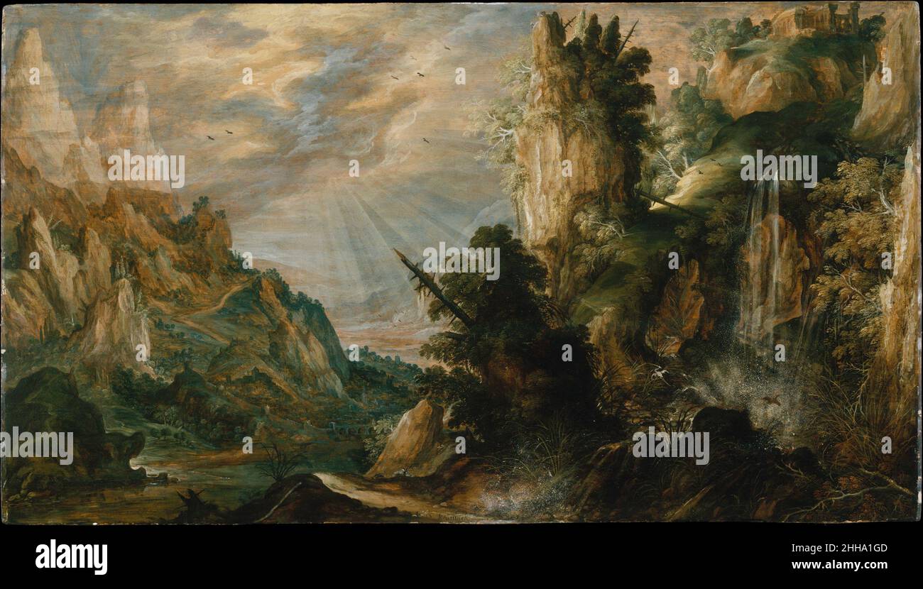 Eine bergige Landschaft mit einem Wasserfall ca. 1600 Kerstiaen de Keuninck Flämisch anders als Jan Brueghel der Ältere, der eine führende Figur in der Entwicklung realistischer Landschaftsmalerei war, setzte Kerstiaen de Keuninck die flämische Tradition imaginärer Bergkulissen fort, die von Patinir abstammten. Dieser große Panorama-Landschaftsblick, dominiert von fantastischen Bergen und Felsformationen, ist ein frühes Werk des Künstlers und wurde wahrscheinlich in Antwerpen gemalt. Es verwendet kontrastierende Bildeffekte – wie schwere Passagen aus opaker Farbe, die an Bereiche in einem sehr dünnen Medium skizziert werden – und bol Stockfoto