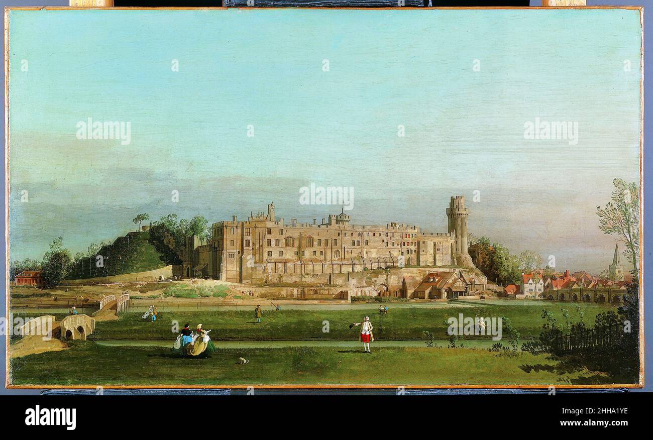 Warwick Castle 1748 Canaletto (Giovanni Antonio Canal) Canaletto lebte neun Jahre lang in England, wo er reiste, als der Krieg die Zahl der britischen Kunden reduzierte, die Venedig besuchten. Aus dieser Zeit stammt dieser Blick auf Warwick – ein viel wiederaufgebautes normannisches Schloss, etwa 20 Meilen von Birmingham entfernt. Es ist eines von mehreren Gemälden und Zeichnungen, die von Canaletto von einem seiner wichtigsten englischen Mäzene und dem Besitzer des Schlosses, Francis Greville, Lord Brooke (1719–1773), später 1st Earl of Warwick, in Auftrag gegeben wurden. Warwick Castle. Canaletto (Giovanni Antonio Canal) (Italienisch, Venedig 1697–1768 Venedig). 1748. Stockfoto