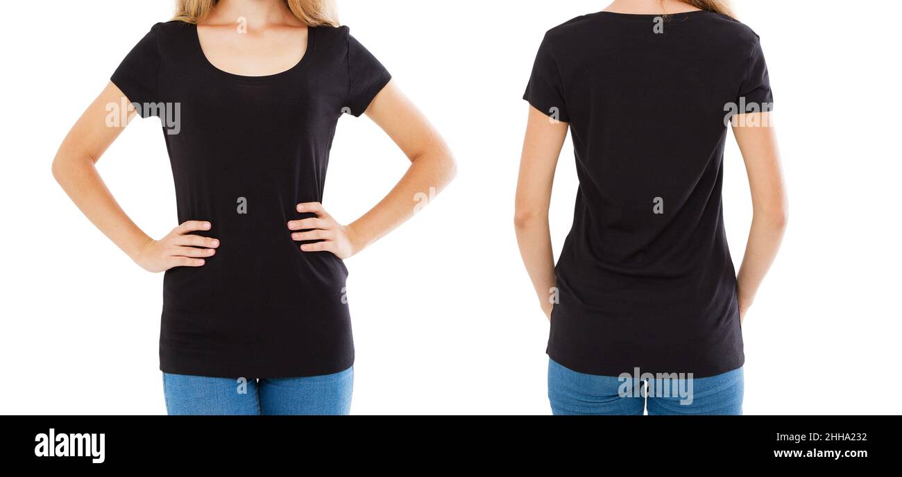 Collage leeres T-Shirt, Frau in leerem T-Shirt - Vorderansicht hinten, schwarzes T-Shirt, Kopierraum Stockfoto