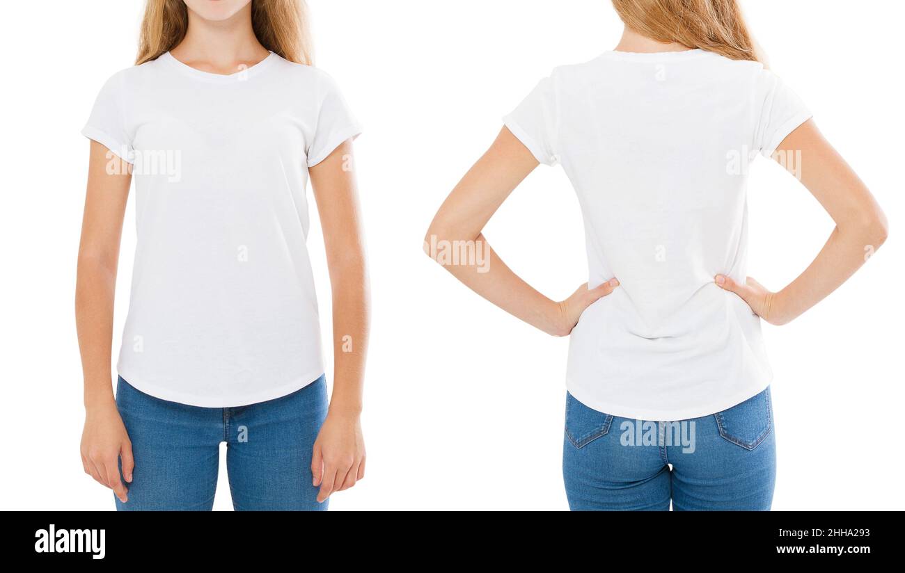 Mädchen posiert in weißem T-Shirt-Set, Kopierraum, leeres T-Shirt, leeres T-Shirt Stockfoto