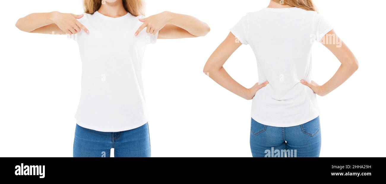 Sommer-T-Shirt-Set isoliert auf weiß, Frau auf T-Shirt, Mädchen Punkt auf T-Shirt, zugeschnittenes Bild Stockfoto