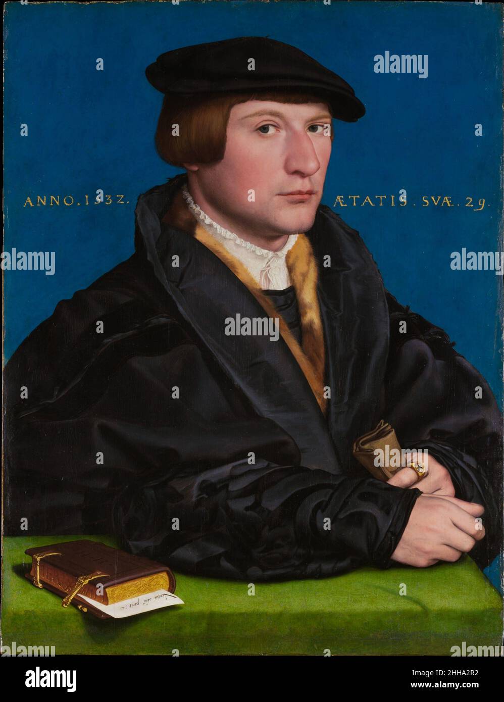 Hermann von Wedigh III (gest. 1560) 1532 Hans Holbein der jüngere Deutsche während seines zweiten Aufenthalts in England (1532–43) porträtierte Holbein eine neue Kundschaft, die deutschen Kaufleute der Hanse, deren guildhall sich im Londoner Steelyard befand. Der Sitter, dessen Ring die Arme der Kölner Wedigher zeigt, ist vermutlich Hermann von Wedigh III., der im Alter von neunundzwanzig Jahren porträtiert wurde. Das lateinische Zitat auf dem Blatt Papier im Vordergrund mit der Aufschrift „Wahrheit erzeugt Hass“ stammt aus einer unter Humanisten beliebten römischen Komödie Andria von Terence. Der eingelegte Papierbeleg könnte sich also zurückführen Stockfoto