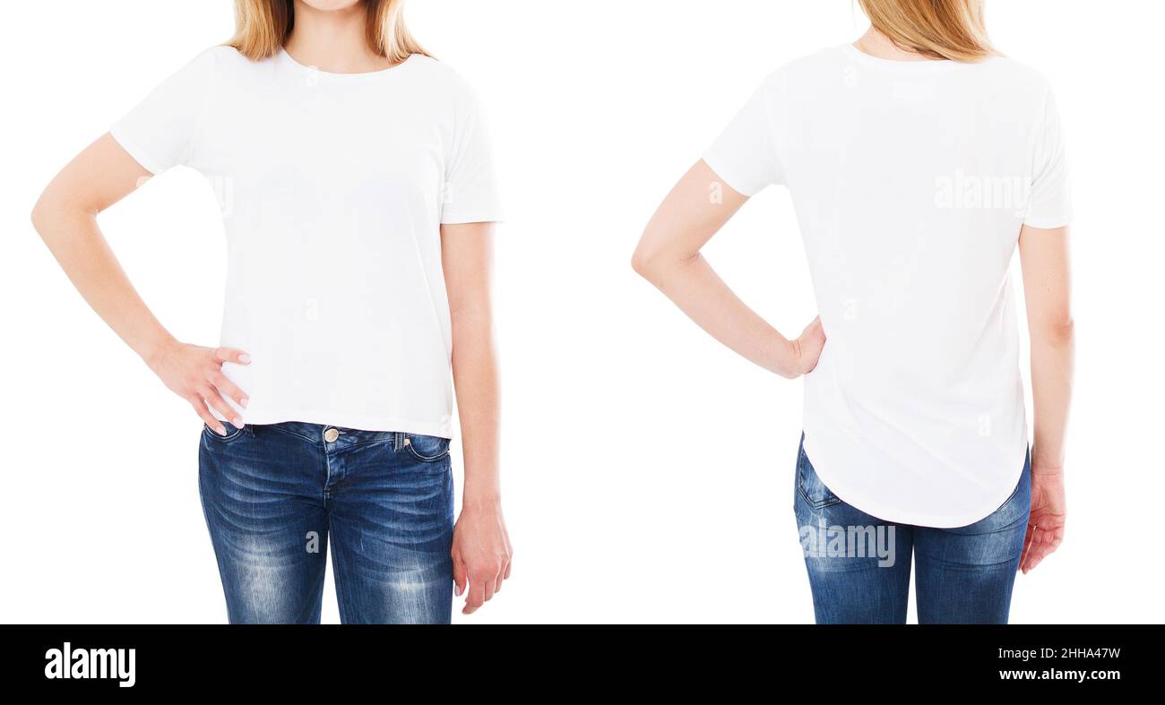Vorne hinten Ansichten T-Shirt isoliert auf weißem Hintergrund, T-Shirt Collage oder Set, Mädchen Shirt Stockfoto