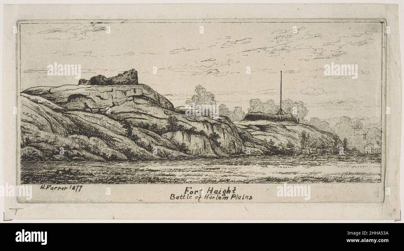 Fort Haight/ Battle of Harlem Plains (aus Szenen des alten New York) 1877 Henry Farrer Amerikaner. Fort Haight/ Battle of Harlem Plains (From Scenes of Old New York) 380992 Künstler: Henry Farrer, American, London 1844?1903 New York, Fort Haight/ Battle of Harlem Plains (From Scenes of Old New York), 1877, Radierung, Tafel: 2 15/16 x 5 7/8 Zoll (7,5 x 15 cm) Blatt: 3 7/16 x 6 5/16 Zoll (8,8 x 16,1 cm). Das Metropolitan Museum of Art, New York. The Edward W. C. Arnold Collection of New York Prints, Maps and Picturs, Bequest of Edward W. C. Arnold, 1954 (54.90.930) Stockfoto