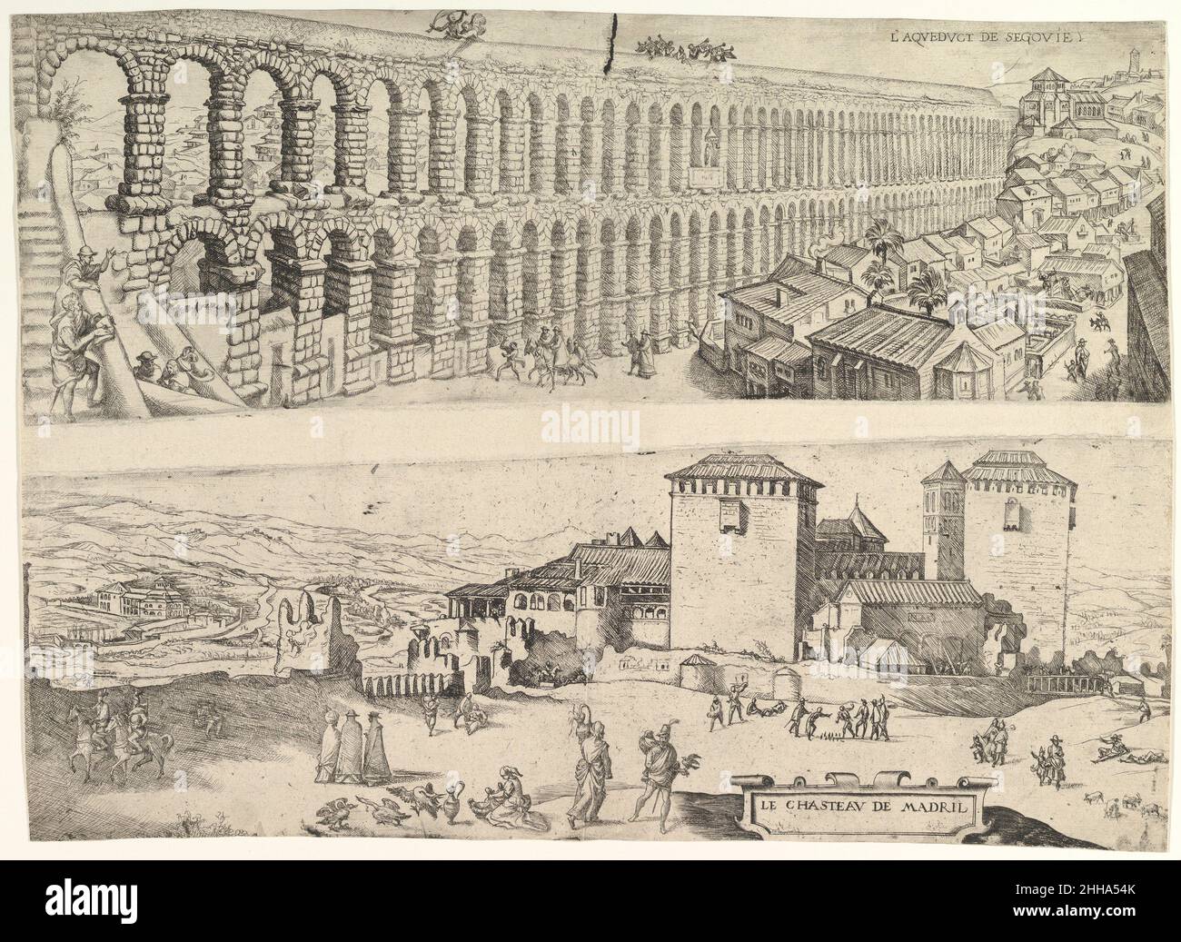 Das Aquädukt von Segovia und das Schloss von Madrid 1500–1599 Jan Cornelisz Vermeyen Niederlandisch. Das Aquädukt von Segovia und das Schloss von Madrid 336288 Stockfoto