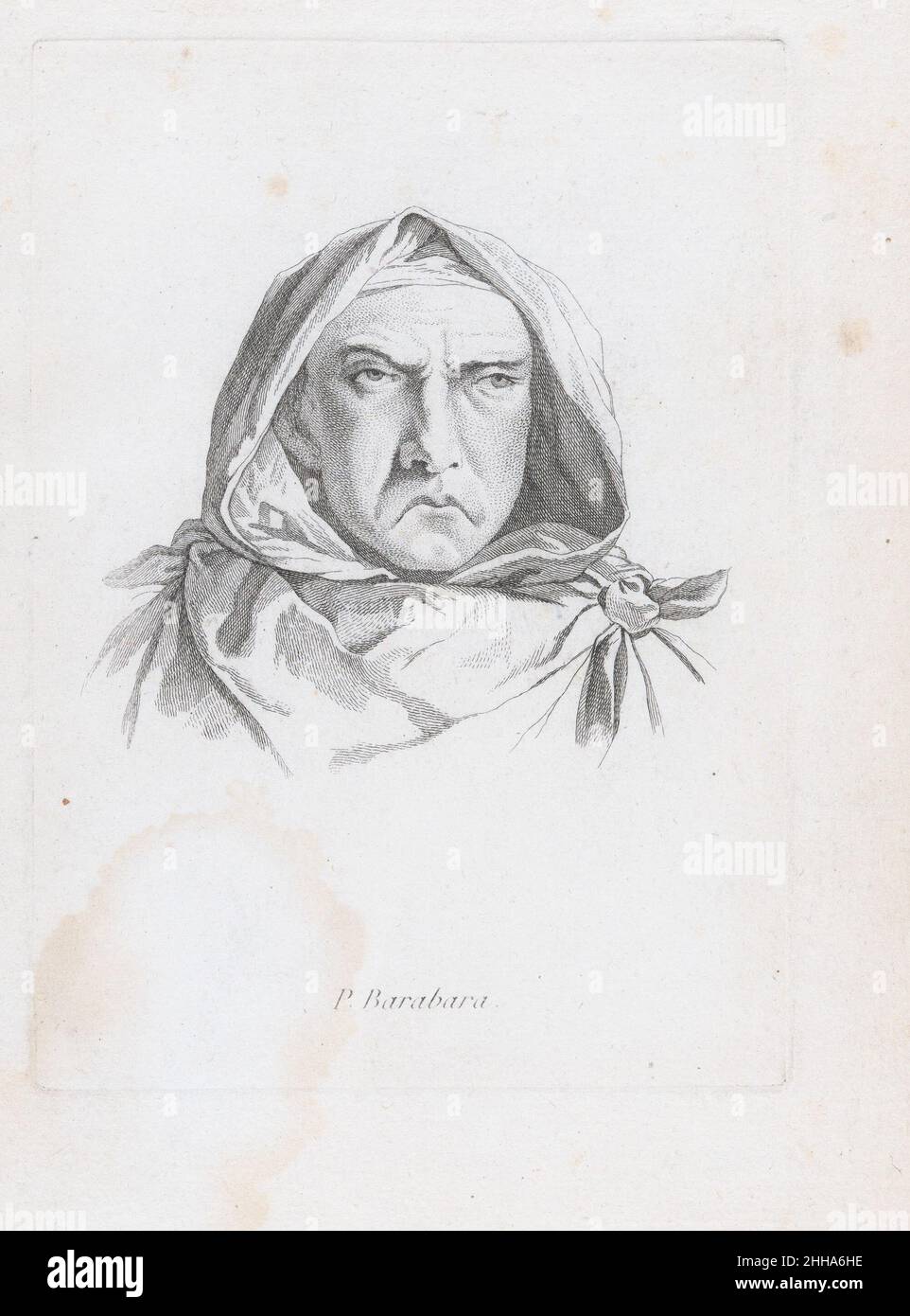 Porträt von P. Barabara zweite Hälfte des 18th. Jahrhunderts nach Guillaume Thiemet dieser Druck ist in einem Album gebunden, das aus sechzehn frühen Eindrücken und einem späteren Eindruck von La Live de Jully's 'Recueil de Karikaturen' besteht, geätzt ca. 1754 nach Zeichnungen von Jacques François Joseph Saly, acht Karikaturen nach Thiemet geätzt, und zwei anonyme Drucke eines stehenden Mannes und einer stehenden Frau. Porträt von P. Barabara. Nach Guillaume Thiemet (französisch, aktiv ca. 1781/88). Zweite Hälfte des 18th. Jahrhunderts. Ätzen Stockfoto