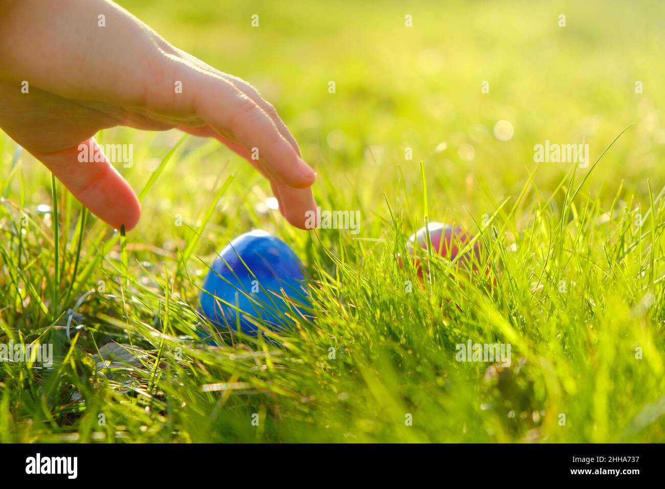 Ostereiersuche.Kinderhand Sammeln Sie Eier im Garten. Sammeln von Ostereiern. Bunte ostereier. Osterfeiertag Tradition.Frühling religiösen Feiertag Stockfoto