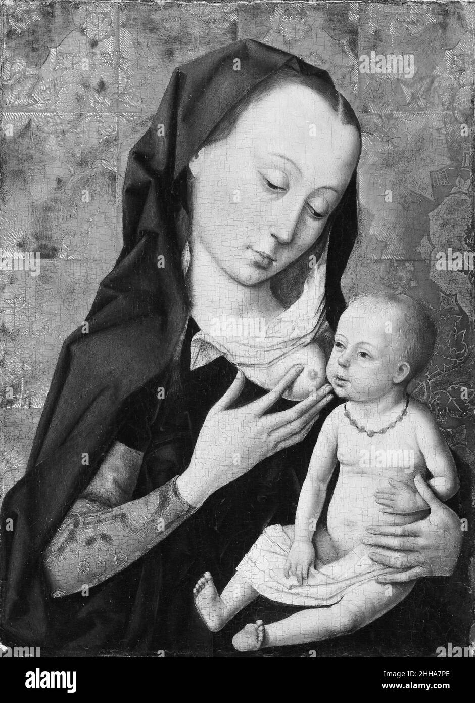 Virgin and Child 1475–99 Workshop of Dieric Bouts Netherlandish der Prototyp für dieses Panel, das sich in der National Gallery, London befindet, beinhaltet eine Landschaftsansicht und andere Details, die hier nicht erscheinen. Ihre Unterlassung – ohne Zweifel, um es einem Künstler mit bescheidener Fähigkeit zu ermöglichen, das Thema leicht zu reproduzieren – führte zu einer etwas unangenehmen Beziehung zwischen Mutter und Kind. Jungfrau und Kind 435766 Stockfoto