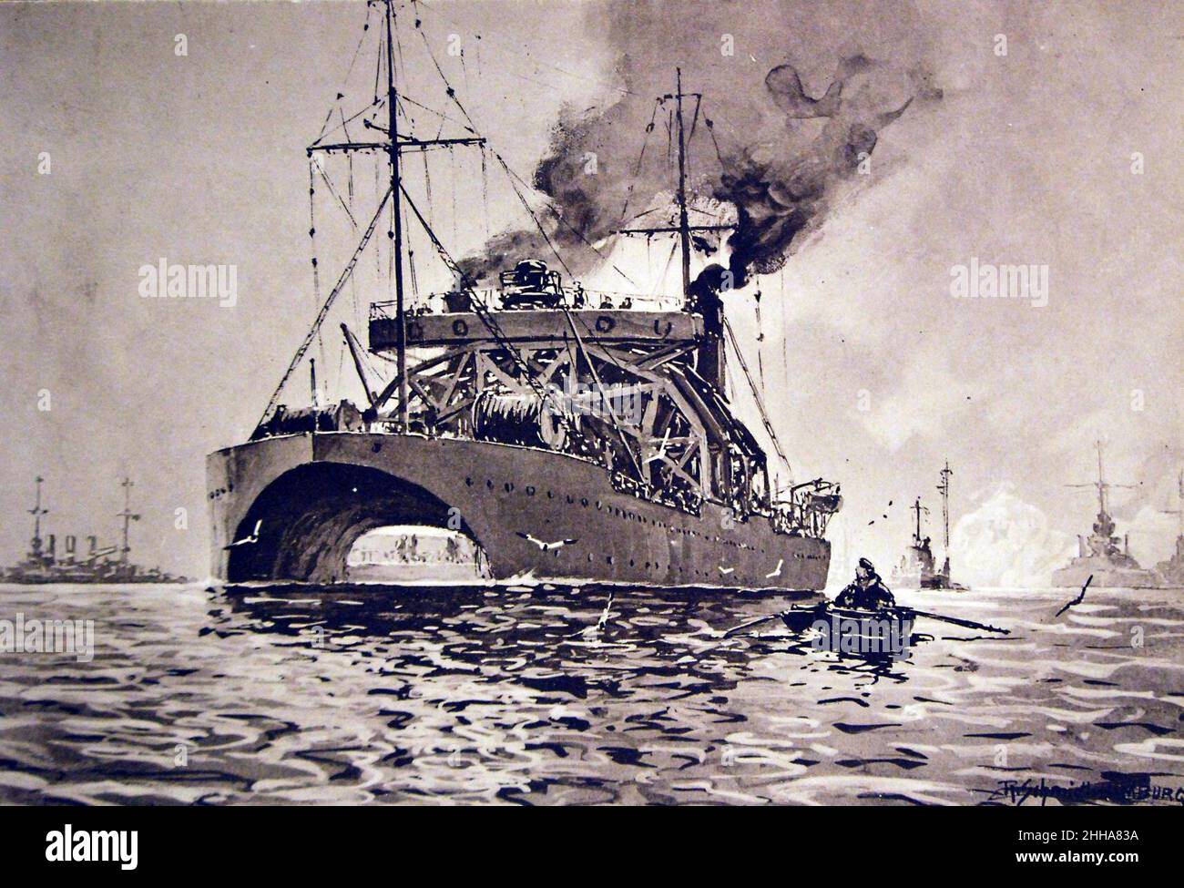 SMS Vulkan, U-Boot-Bergungsschlepper während des Ersten Weltkriegs, Kunstwerk von R. Schmidt (27443636454). Stockfoto